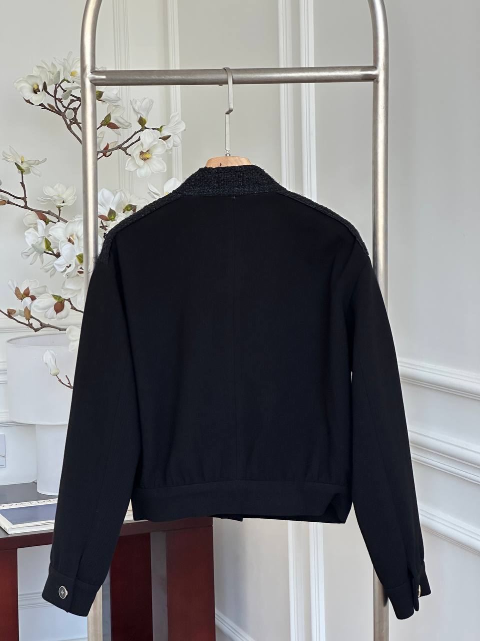 Chanel Black Tweed Spliced Stand Collar Cropped Bomber Jacket