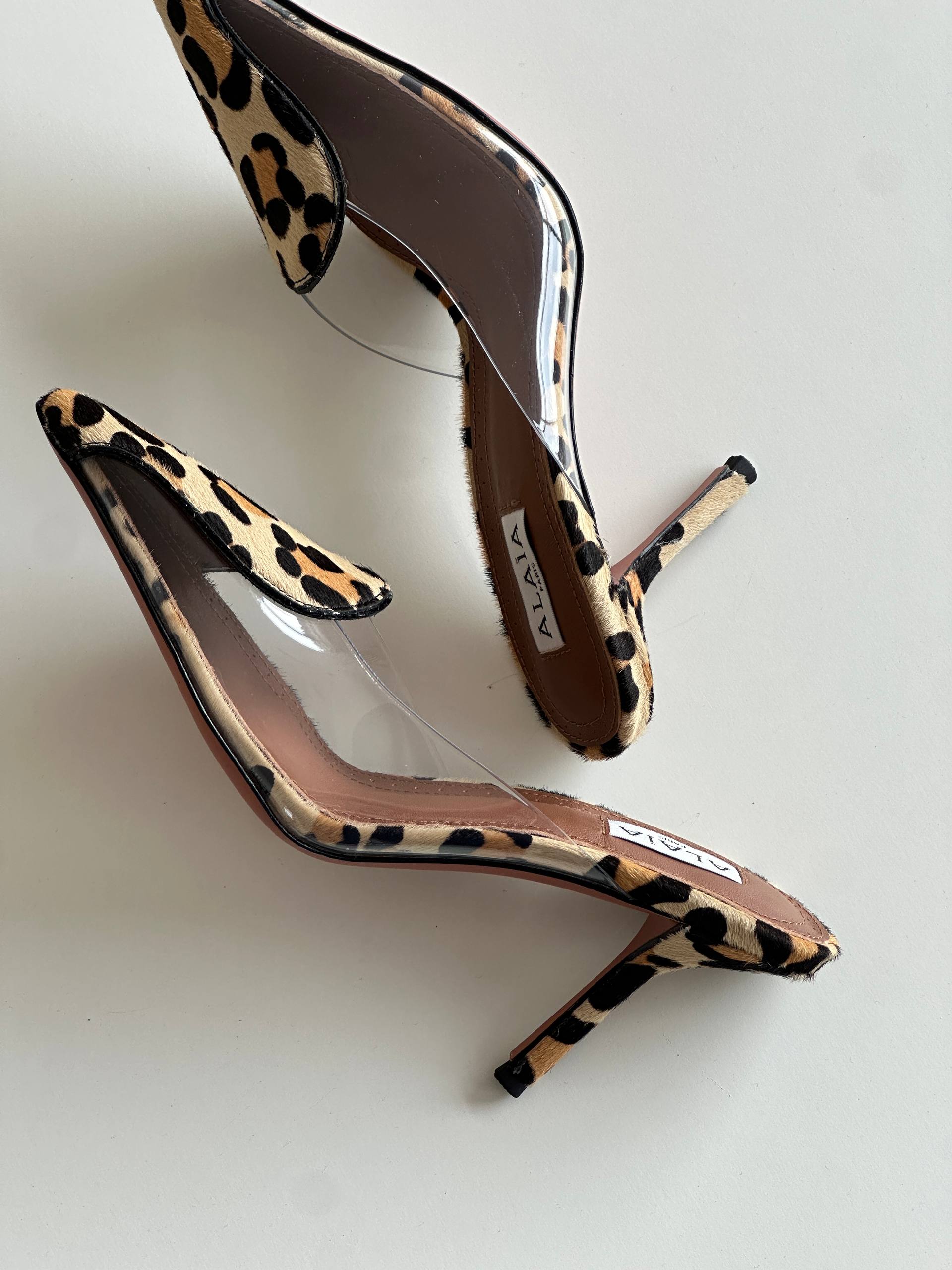 ALAÏA Leopard Print Calf Hair Pointed PVC Two-Strap Mule Heels