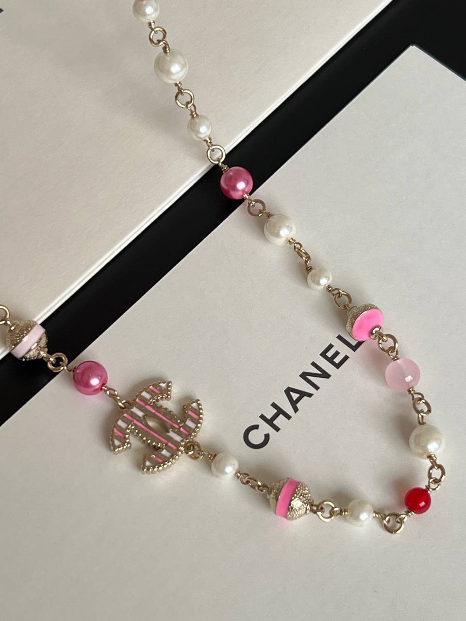 Chanel Light Gold Necklace With Pink Stripe Enamel CC, Pink Beads & Faux Pearls Adjustable