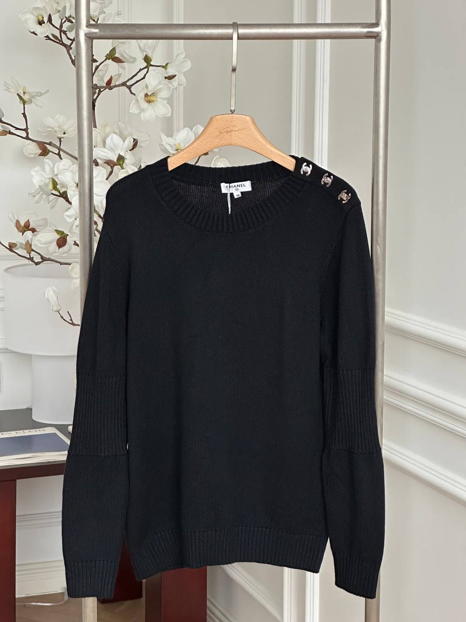 CHANEL Round Neck Wool Knit Sweater with CC Metal Buttons on Shoulder