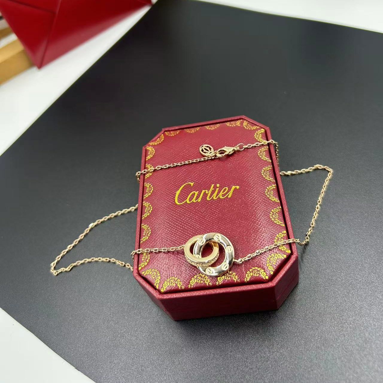 CARTIER LOVE SERIES TWO-TONE DOUBLE RING NECKLACE