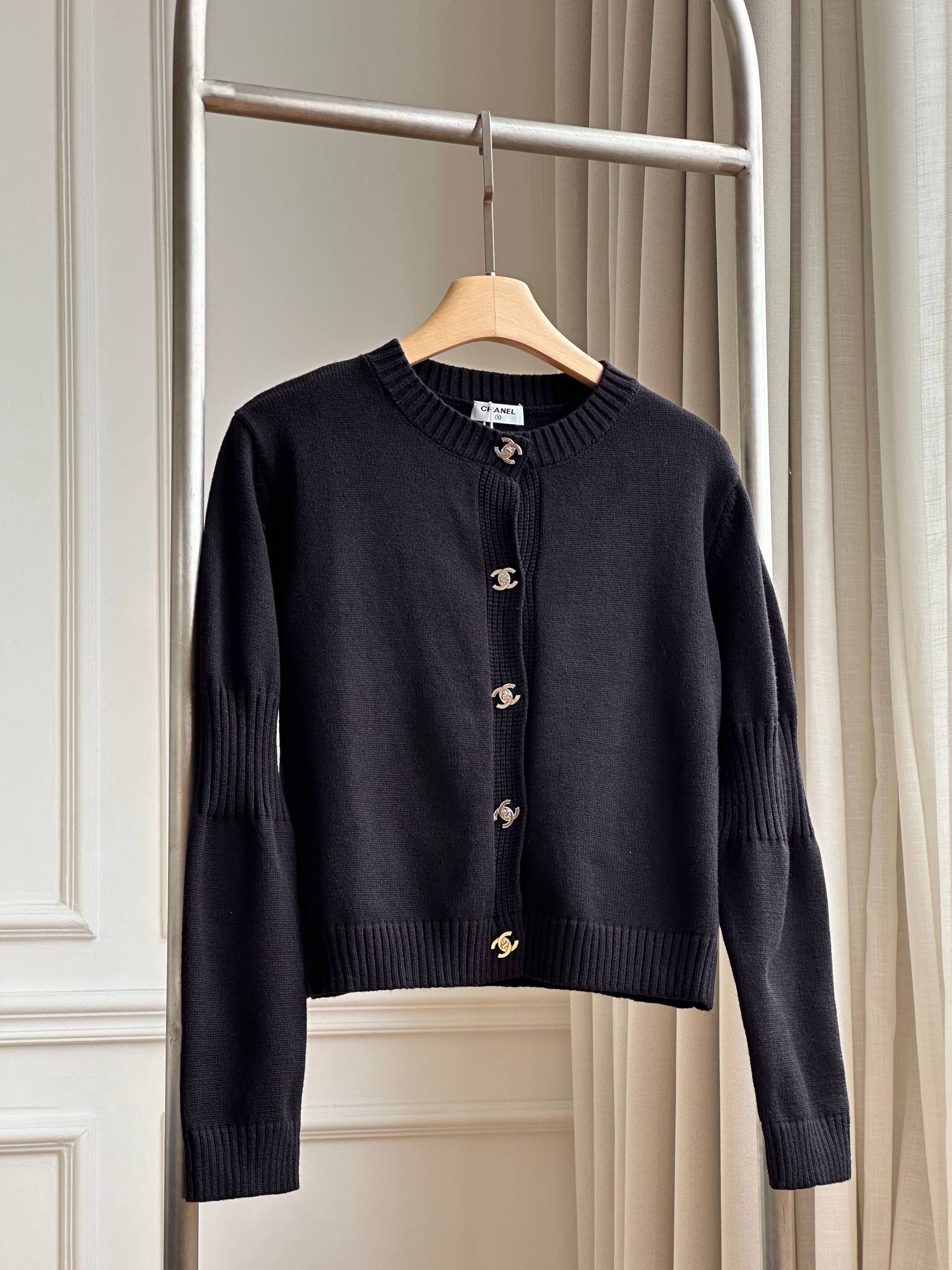 Chanel Classic Double C Buckle Black Crew Neck Knit Cardigan
