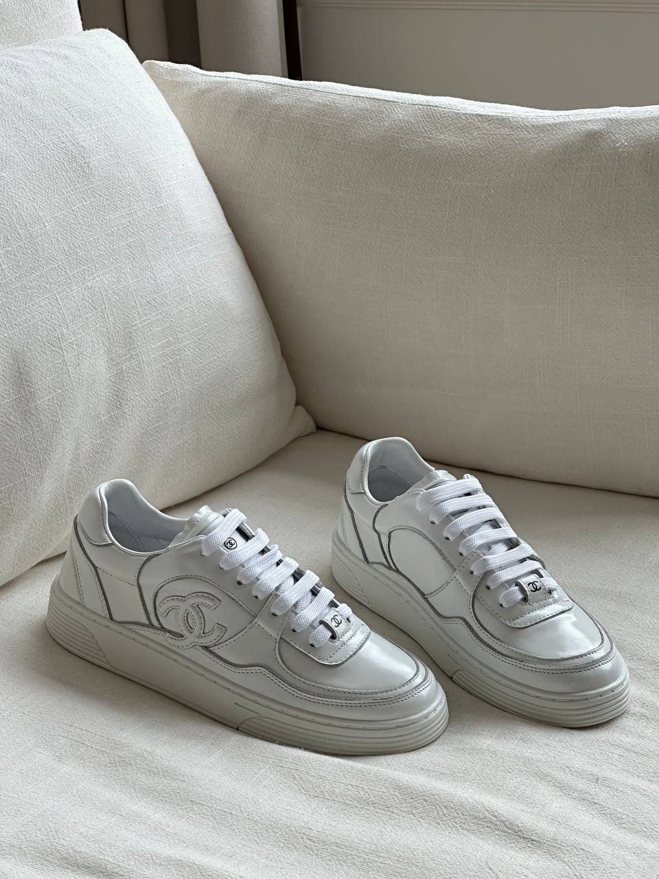 Chanel White Shiny Calfskin 3D CC Embroidery Platform Lace-up Sneakers