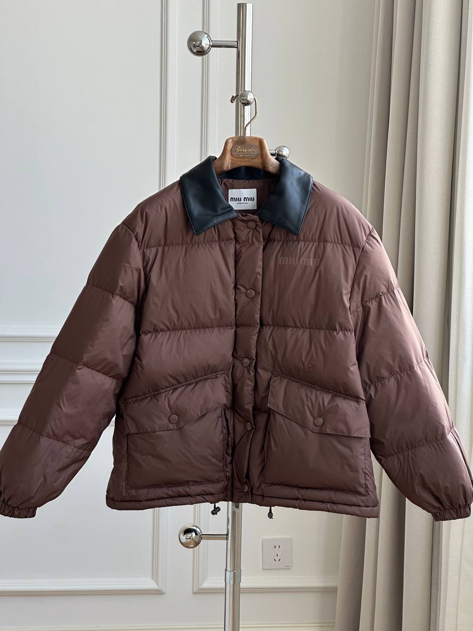 Miu Miu Dark Brown Quilted Nylon Down Jacket with Black Lambskin Collar Loose Short Coat