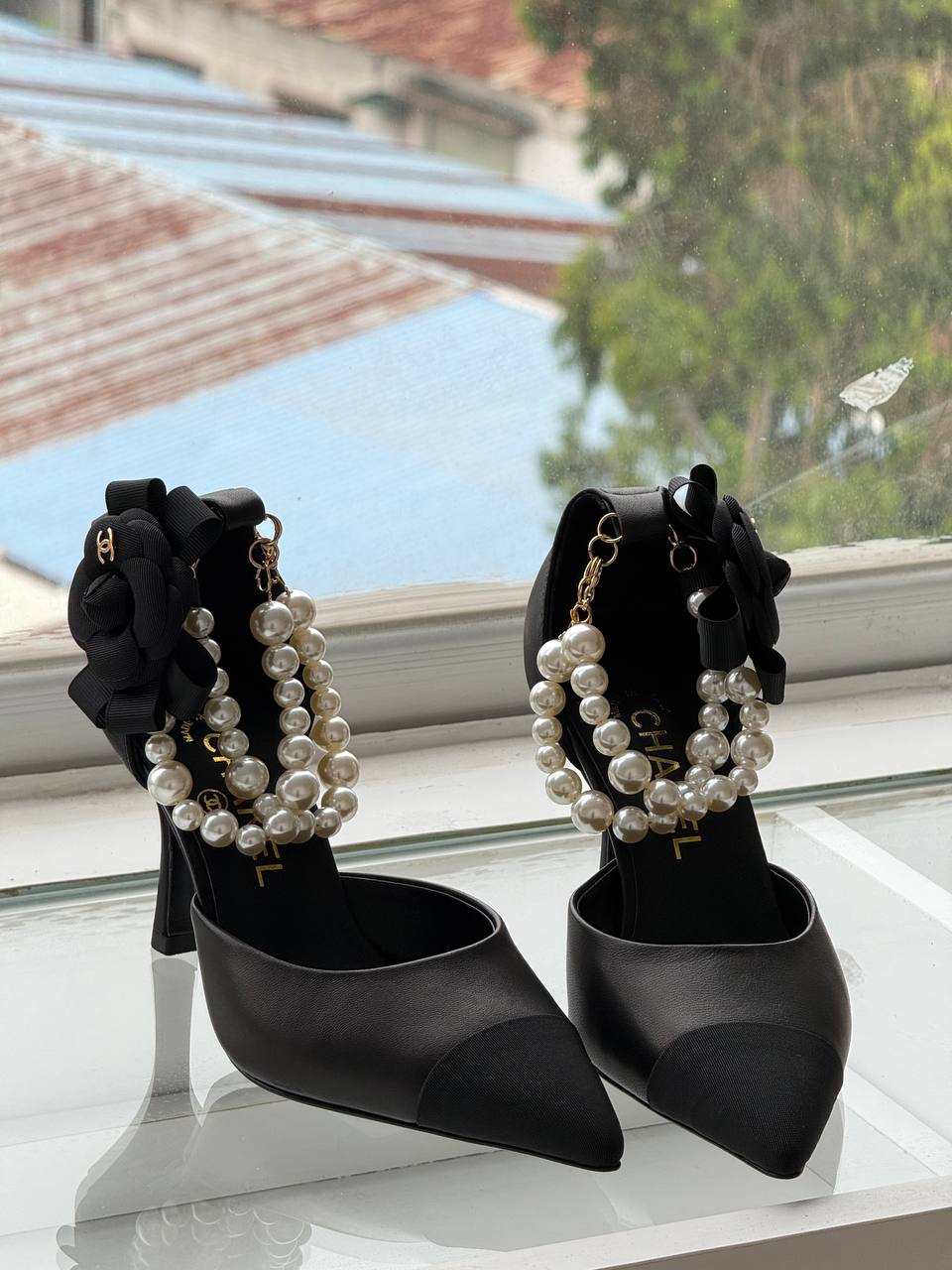 CHANEL Camellia Pearl Chain Pointed-Toe Heels