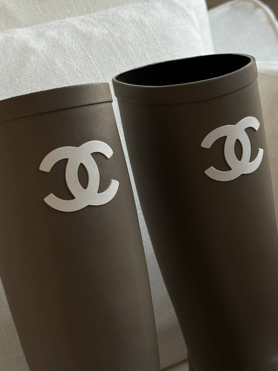 Chanel Mocha Brown CC Logo Block Heel Tall Waterproof Rain Boots