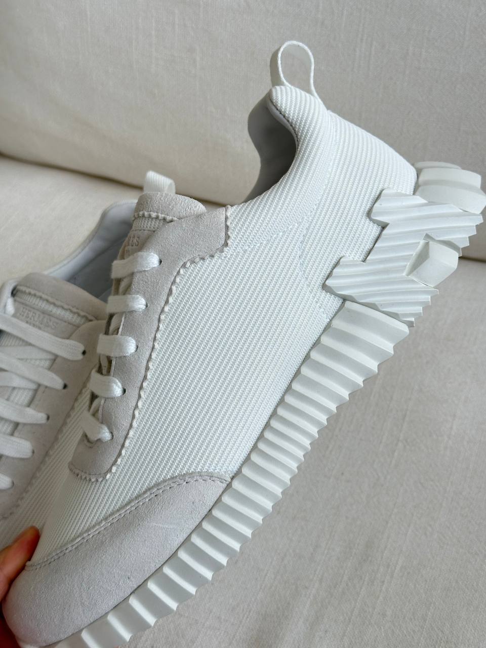 Hermès White Technical Fabric & Suede Chunky Sole Sneaker