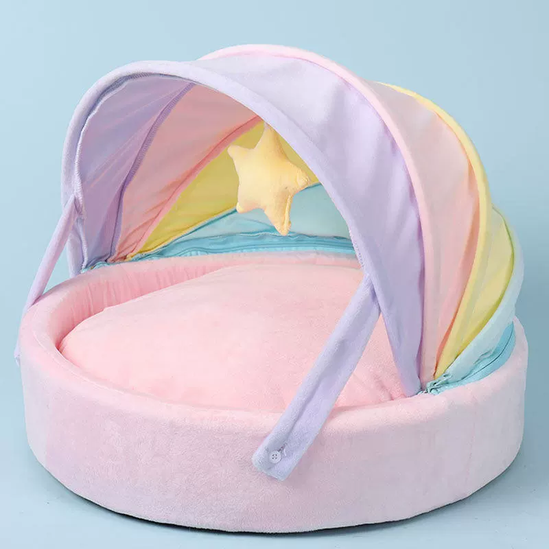 Pastel Rainbow Canopy Cat Bed Plush Cushion Star Toy Semi Enclosed Nest for Small Dogs Cats - MAISONKAIRON