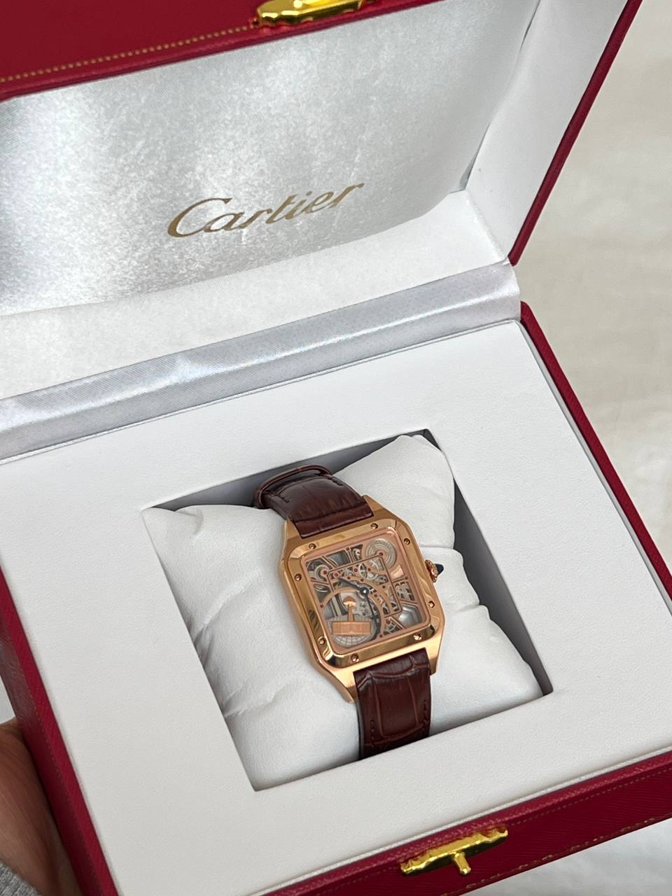 Cartier Santos Rose Gold Skeleton Mechanical Watch With Alligator Leather Strap
