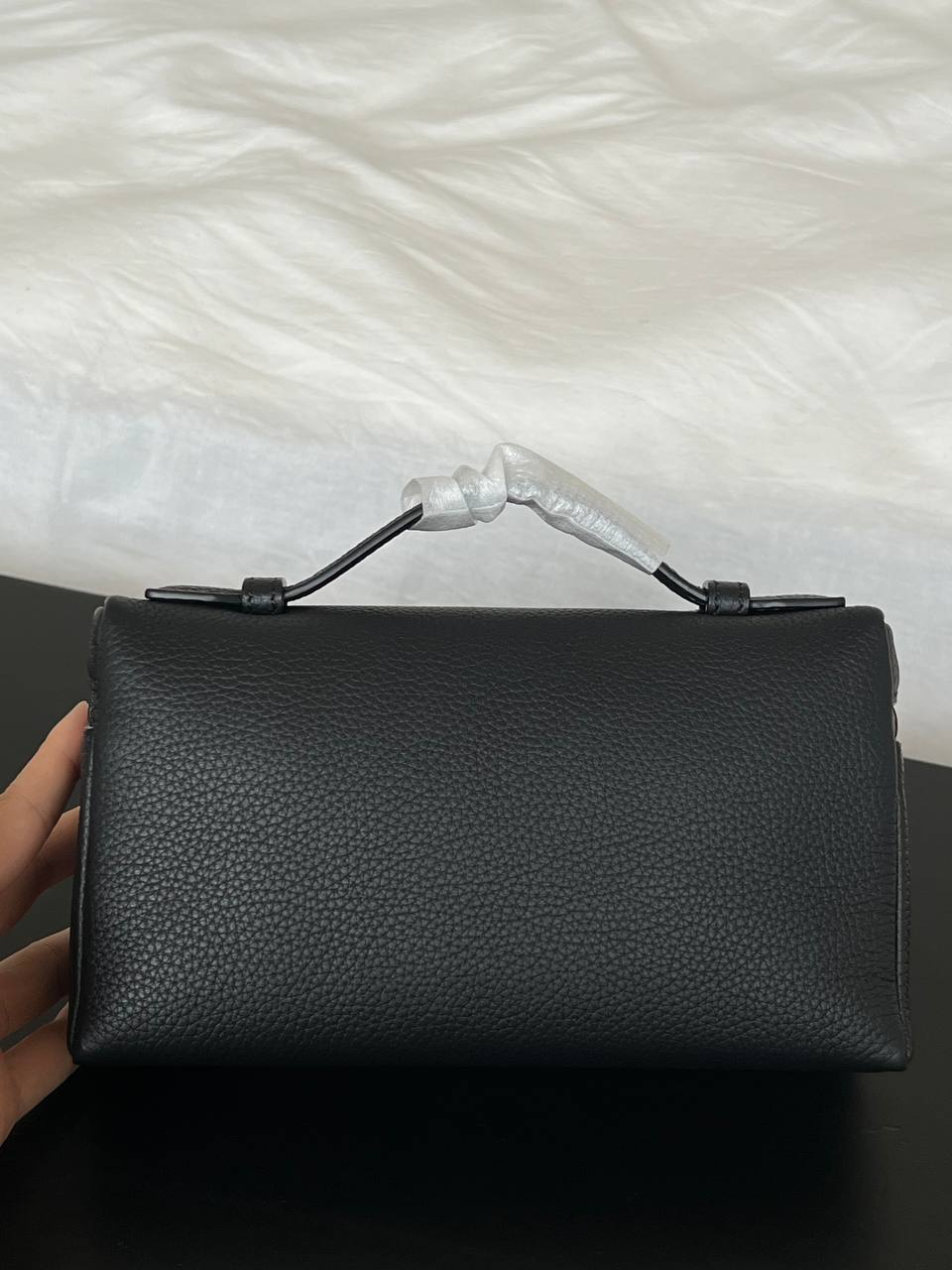 Loro Piana Black Grained Leather Extra Pocket L19 Handheld Cosmetic Box Bag