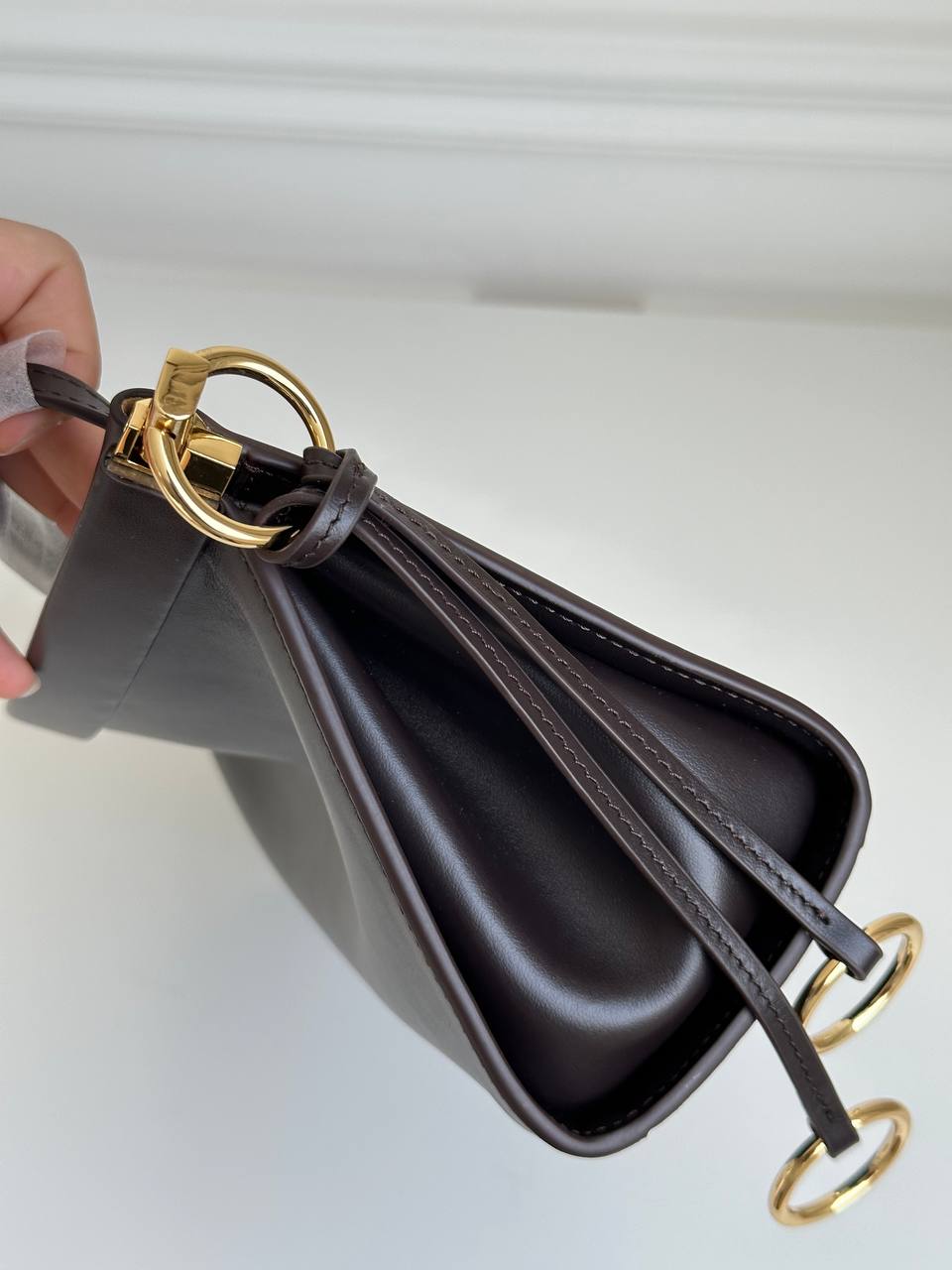 ALAÏA Dark Brown Smooth Calfskin Ruched Long Shoulder Bag, Detachable Strap Compatible
