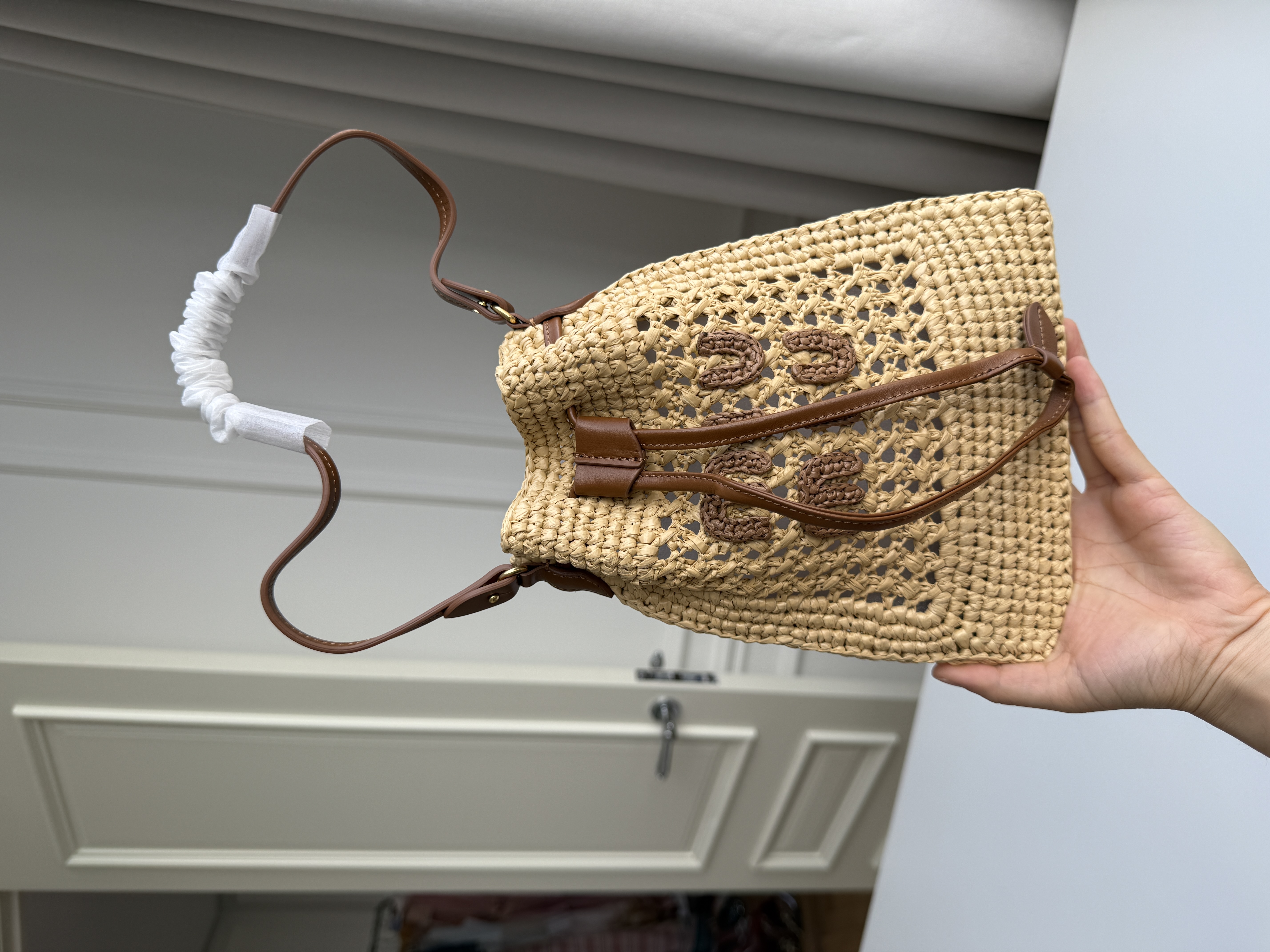 Miu Miu Beige Raffia Woven Drawstring Bucket Crossbody Bag