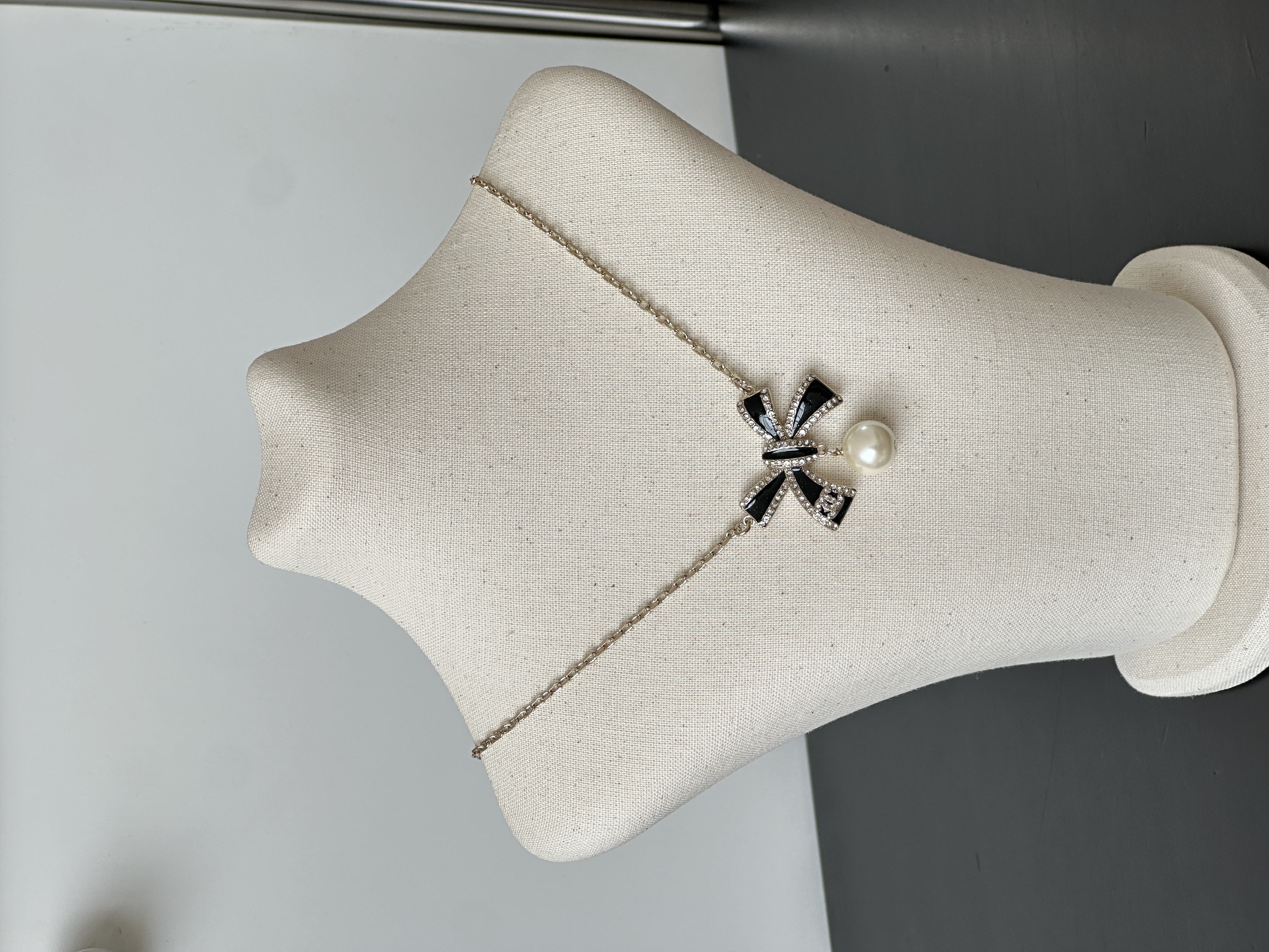 Chanel Bow Crystal Pearl Pendant Necklace