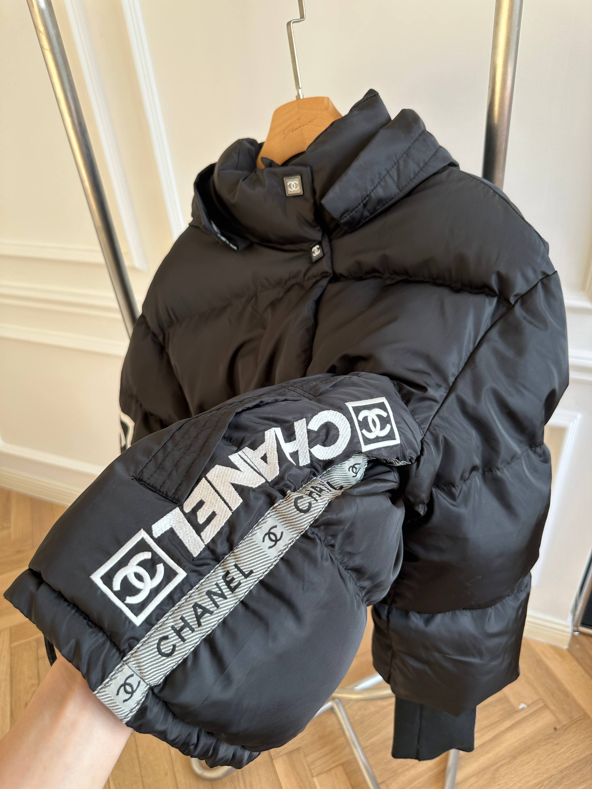 CHANEL Hooded Cropped Puffer Down Jacket with Square CC Patch & Logo Cuff Ribbons