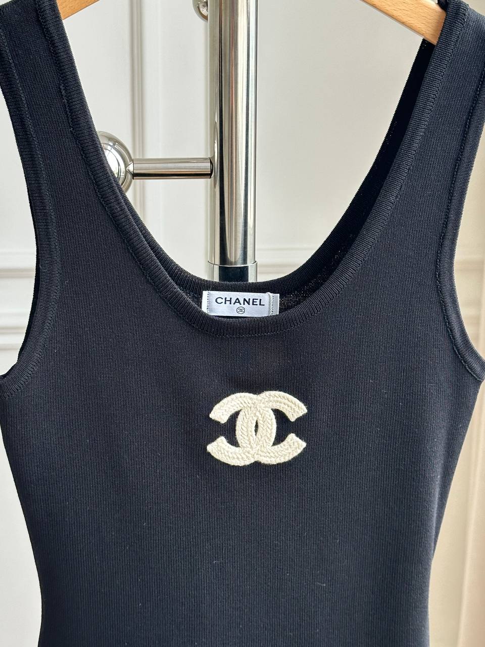 Chanel Black Stretch Knit U-Neck Wide Strap Midi Dress With White Interlocking CC Embroidery Logo