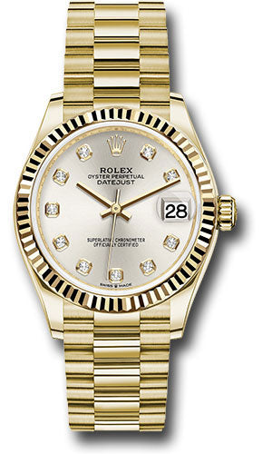 Rolex Yellow Gold Datejust 31 Watch - Fluted Bezel - Silver Diamond Dial - President Bracelet - 278278 sdp【1:1 Replica】