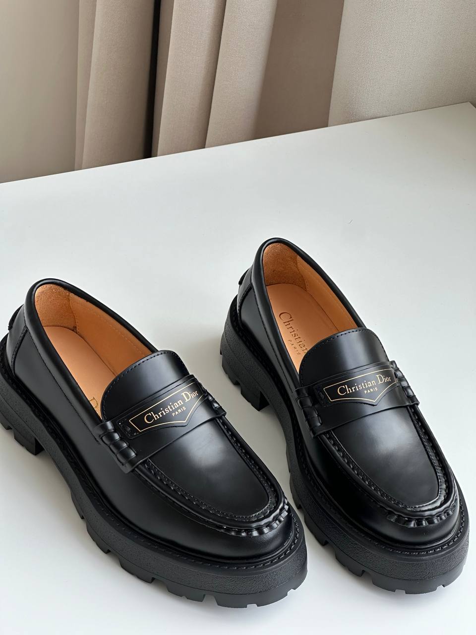 Christian Dior Black Polished Calfskin Metal Plaque Chunky Loafers