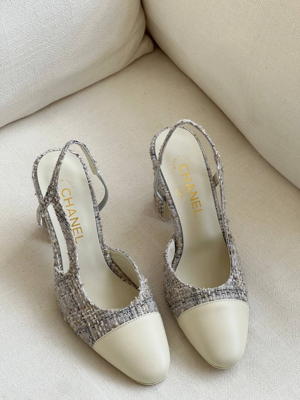 Chanel Grey Tweed & Lambskin Slingback Block Heel Sandals