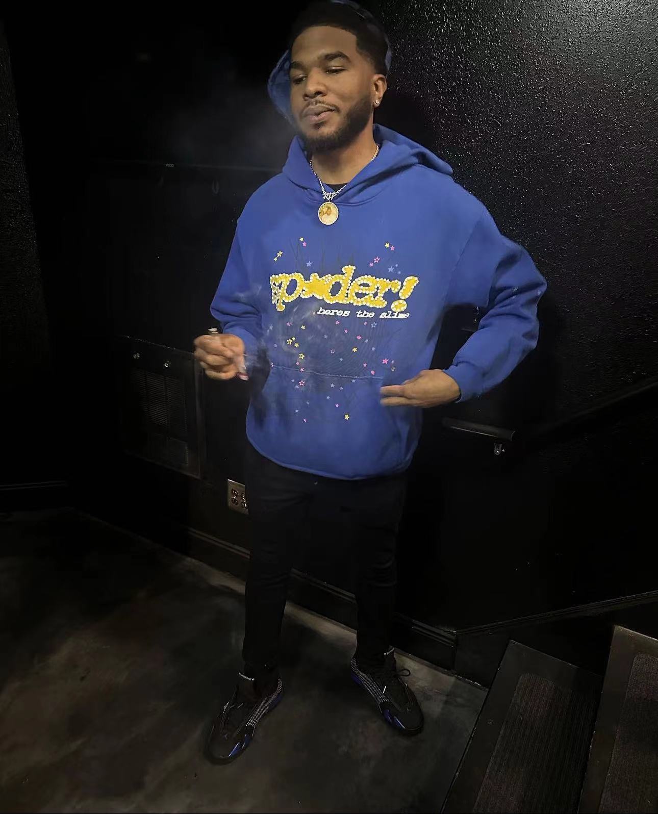 1:1 Best Quality Yellow Logo Hoodie Blue