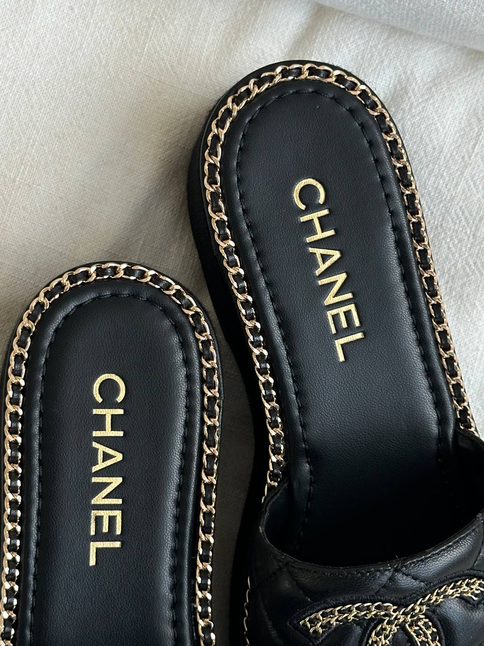 CHANEL Quilted Leather Wedge Sandals with Chain CC Logo