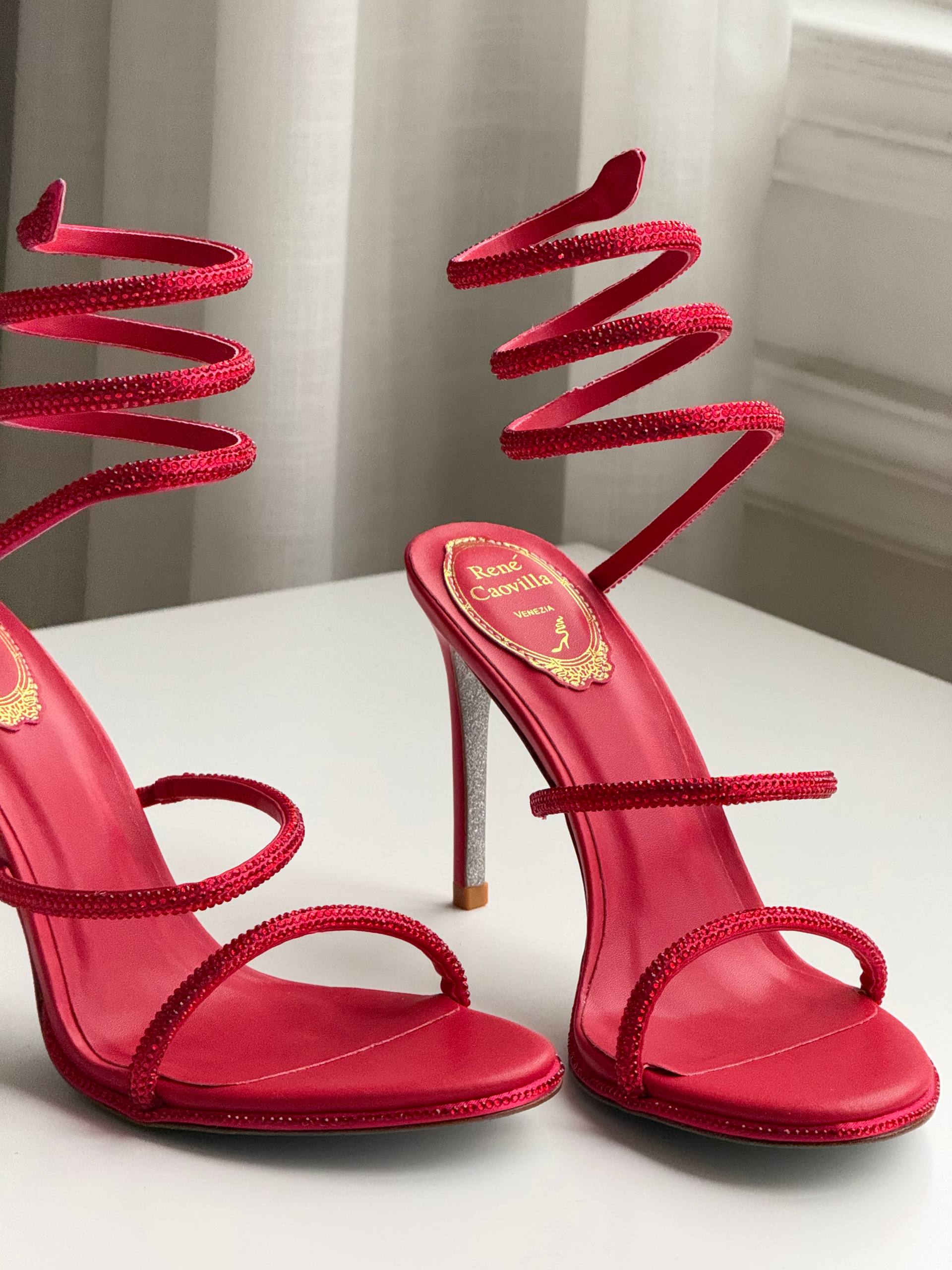 Bright Red Rhinestone Coiled Ankle Wrap Open Toe Stiletto Sandals