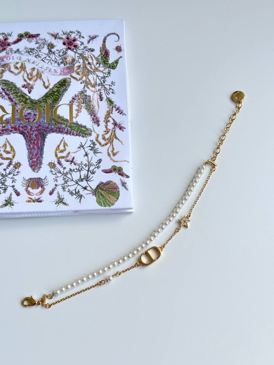 Dior Classic CD Logo Double Strand Faux Pearl Crystal Star Gold Bracelet