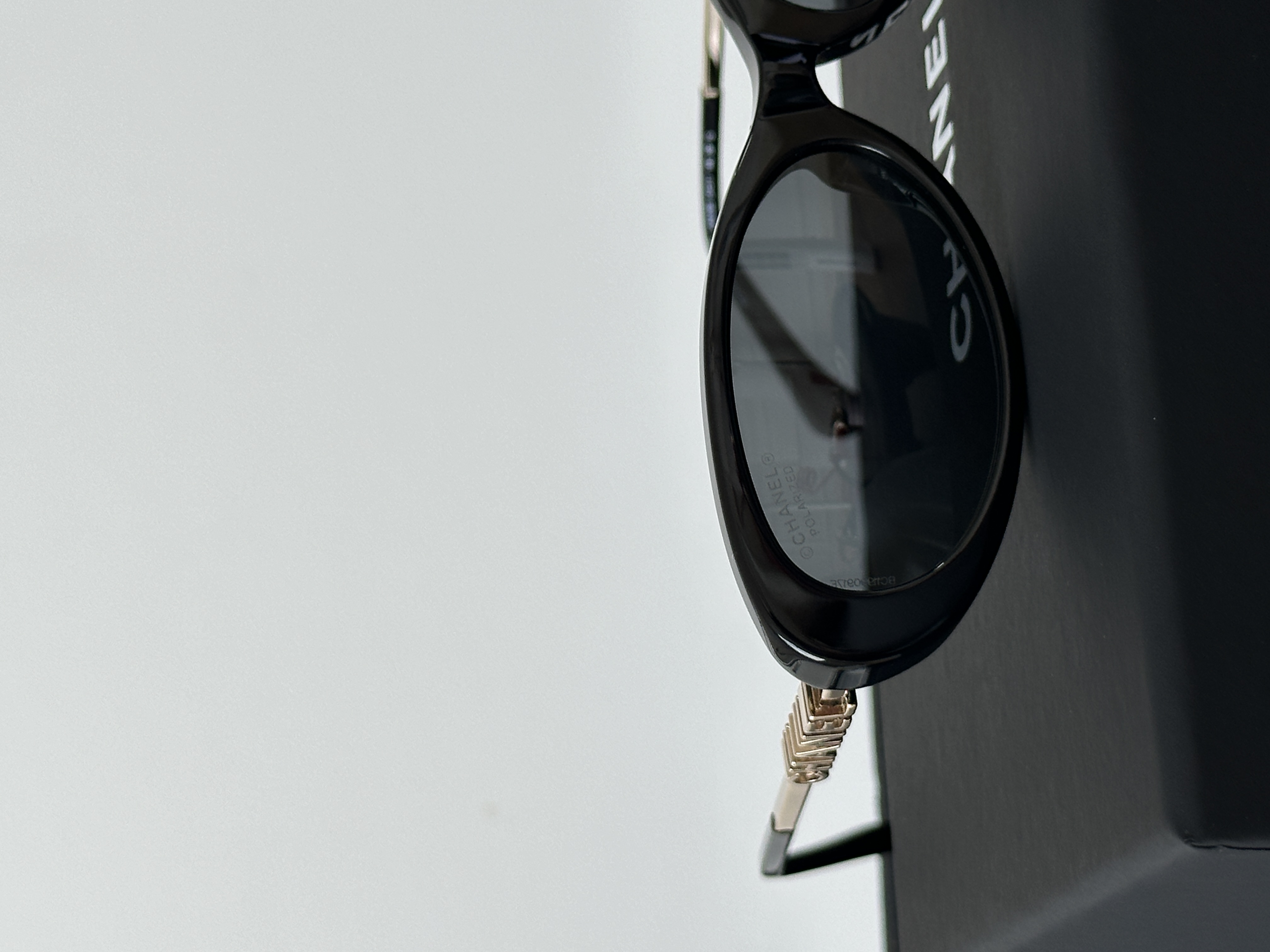 Chanel Black Oval Acetate Chain Temple Polarized Sunglasses