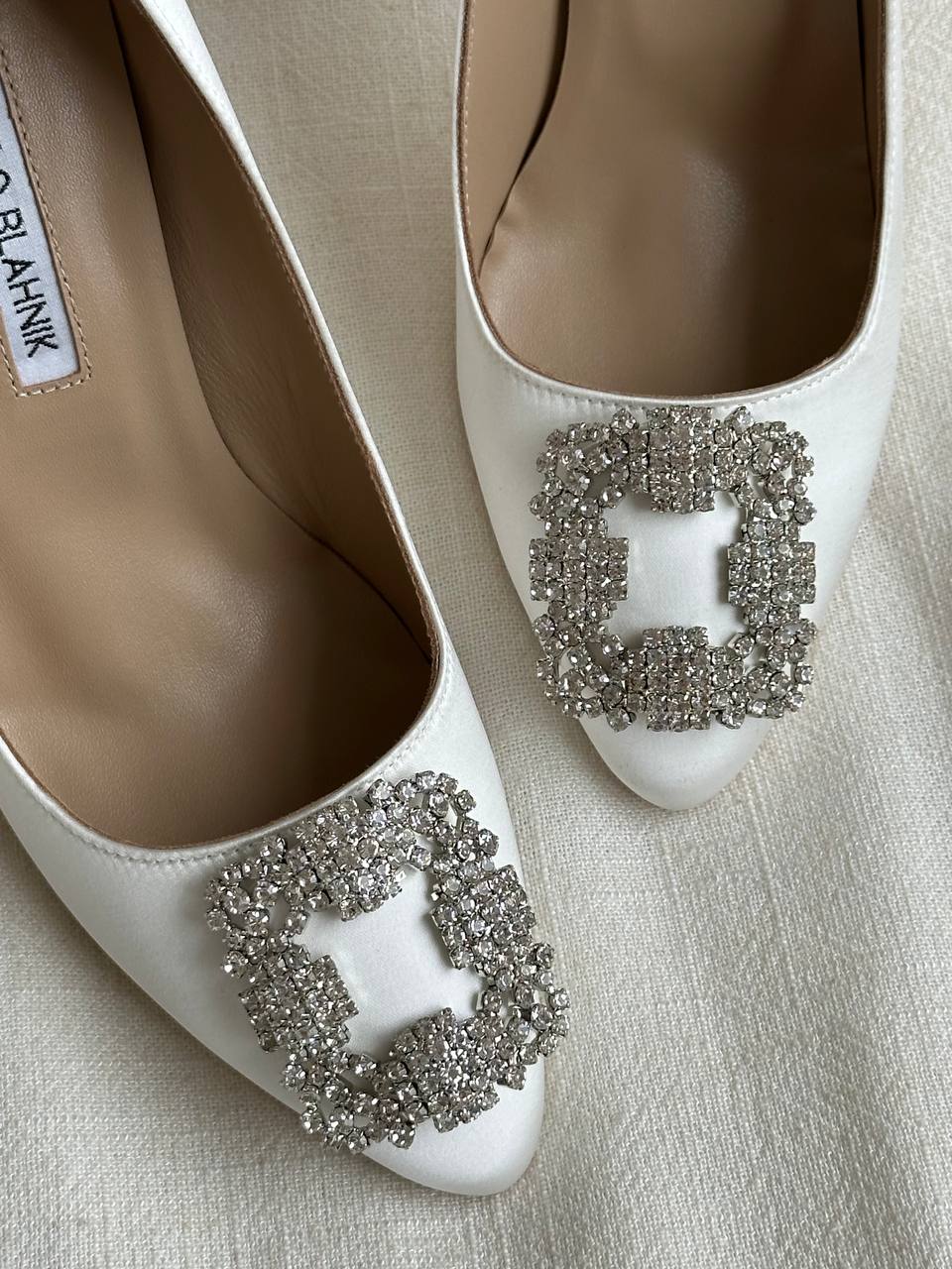Manolo Blahnik White Satin Crystal Square Buckle Pointed Toe Stiletto Pumps
