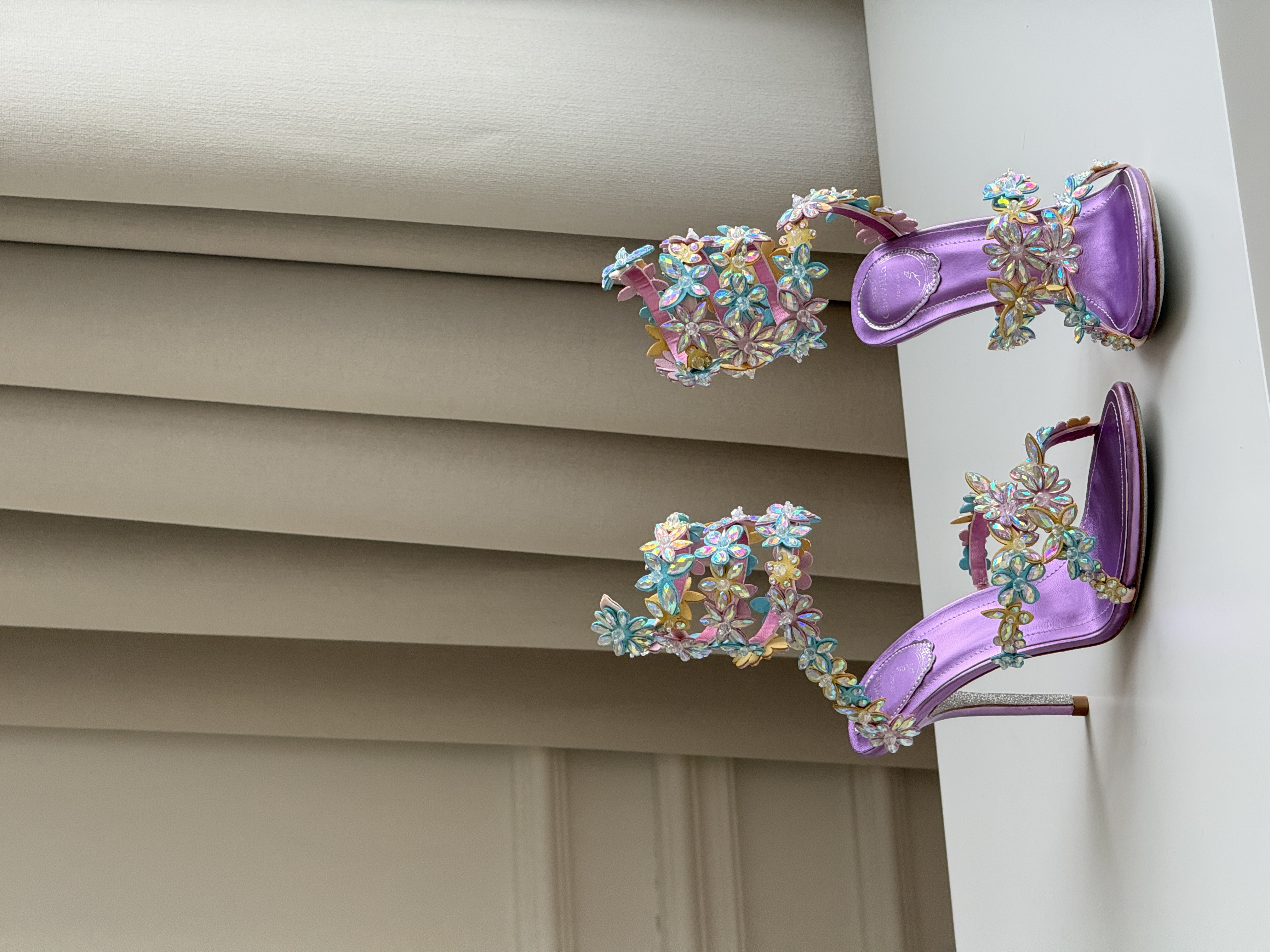 Rene Caovilla Purple Satin Iridescent Crystal Floral Wrap High Heel Sandals