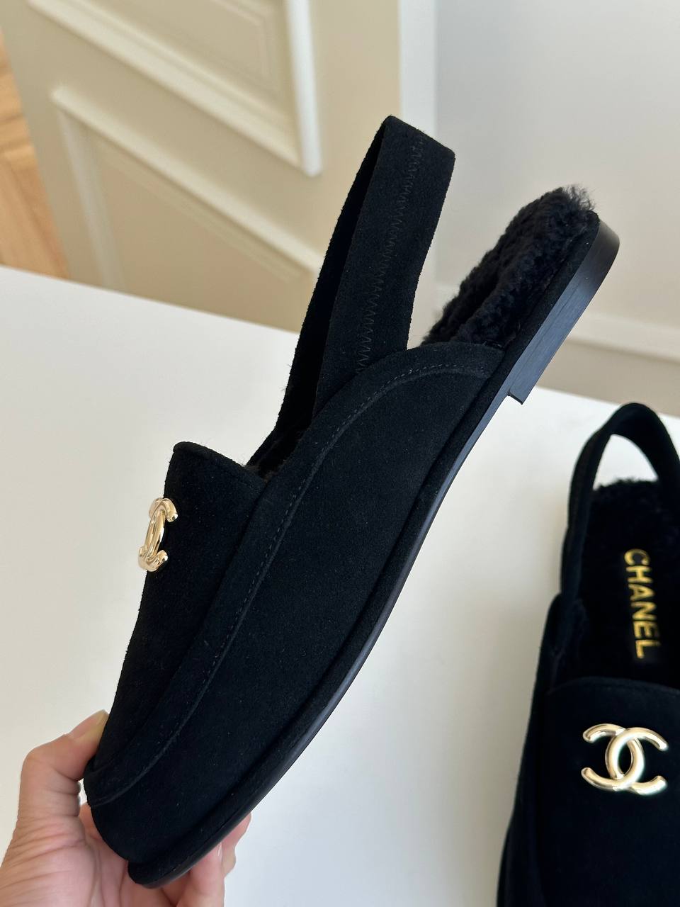 Chanel Shearling-Lined Suede Loafers with Convertible Heel
