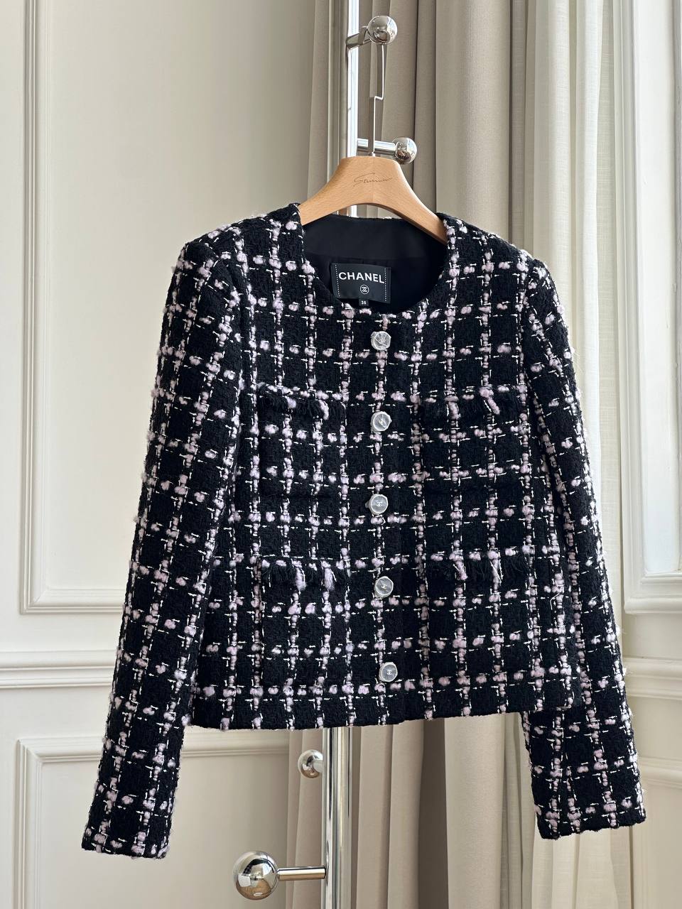 Chanel Black Base Pink White Check Round Neck Fringe Pocket Metal Button Tweed Short Jacket
