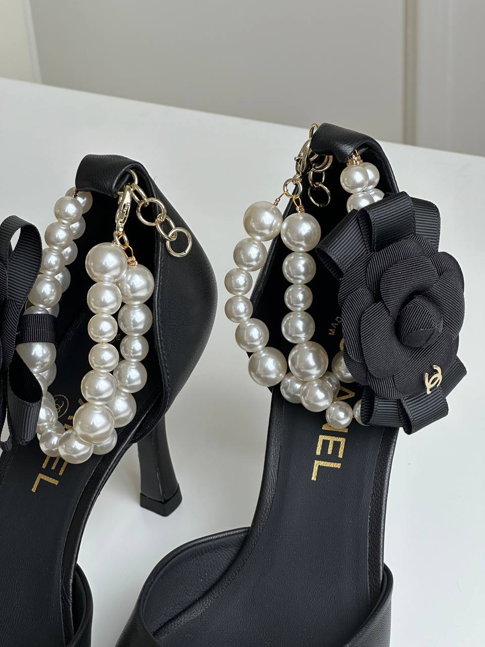 Chanel Black Calfskin & Grosgrain Camellia Pearl Ankle Strap Pointed Toe Slingback Heels