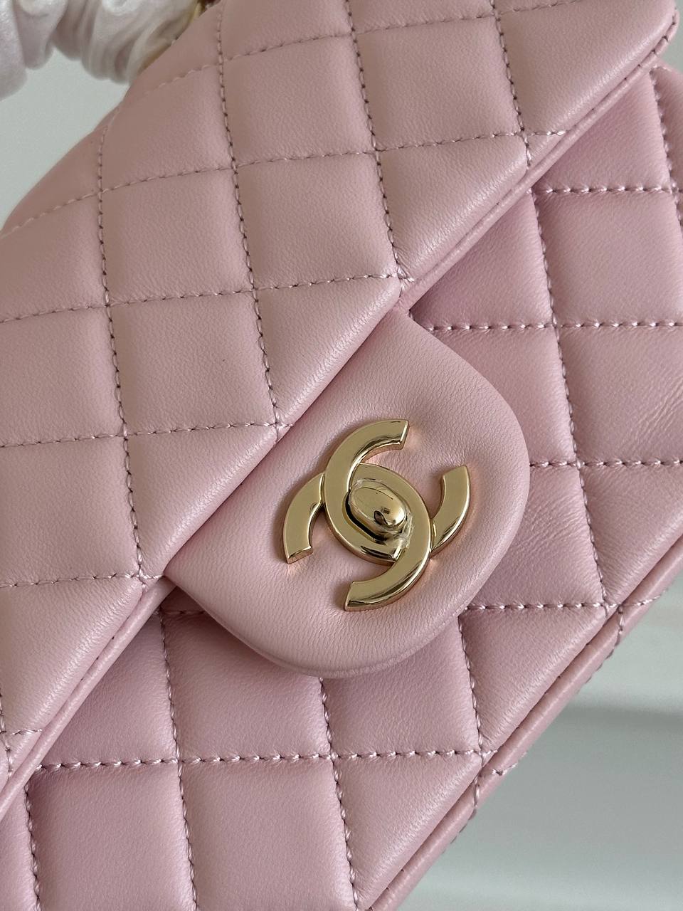 Chanel Sakura Pink Lambskin Quilted Top Handle Mini Classic Flap Bag