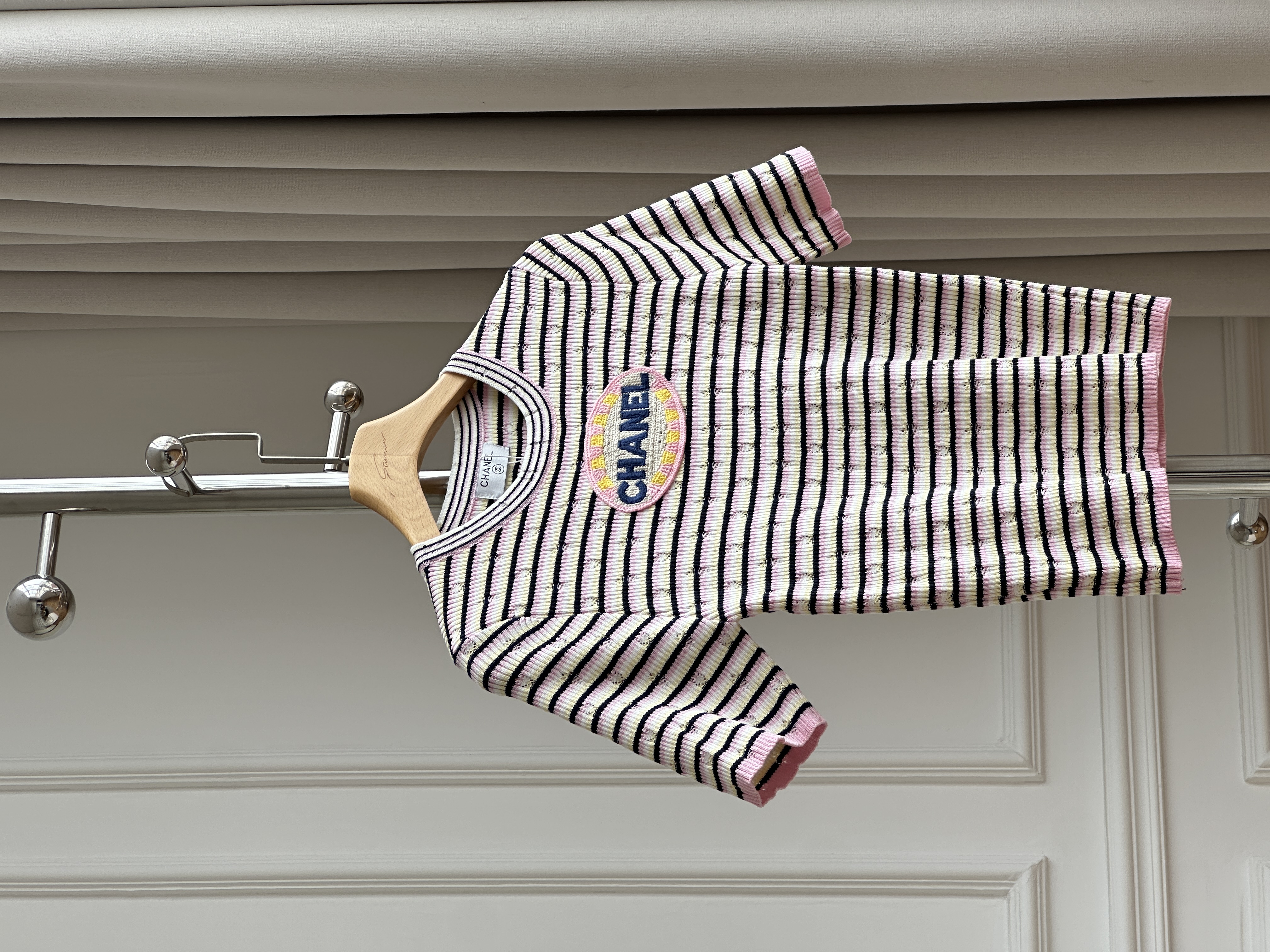 Chanel 25P Striped Knit Short-Sleeve Top with Logo Patch