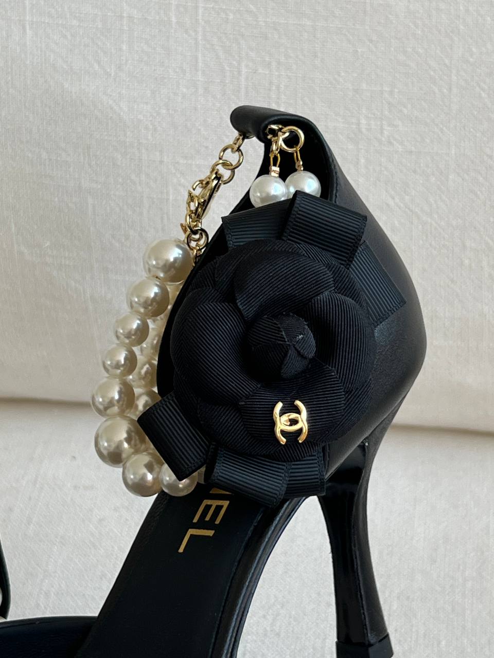 CHANEL Black Leather Satin Camellia Pearl Chain Slingback Pointed Stiletto Sandals