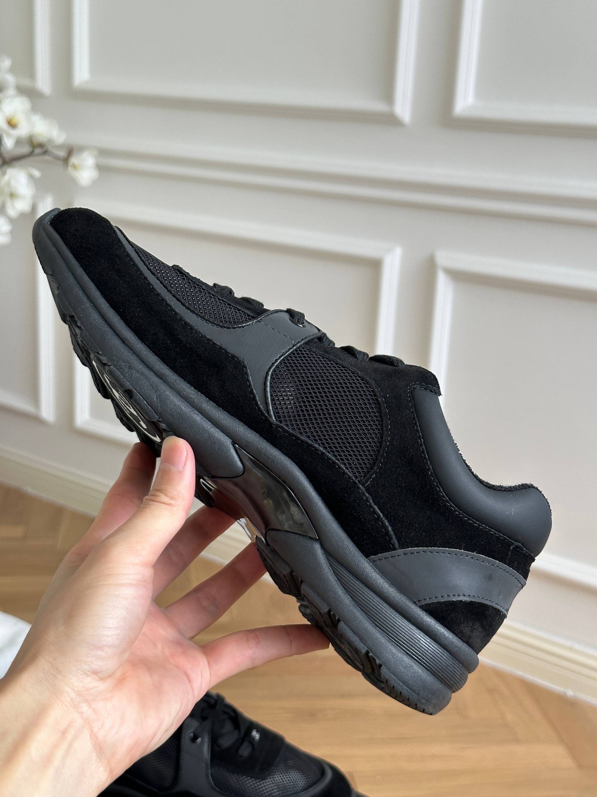Chanel All-black Suede Mesh Panel CC Logo Low Top Sneakers
