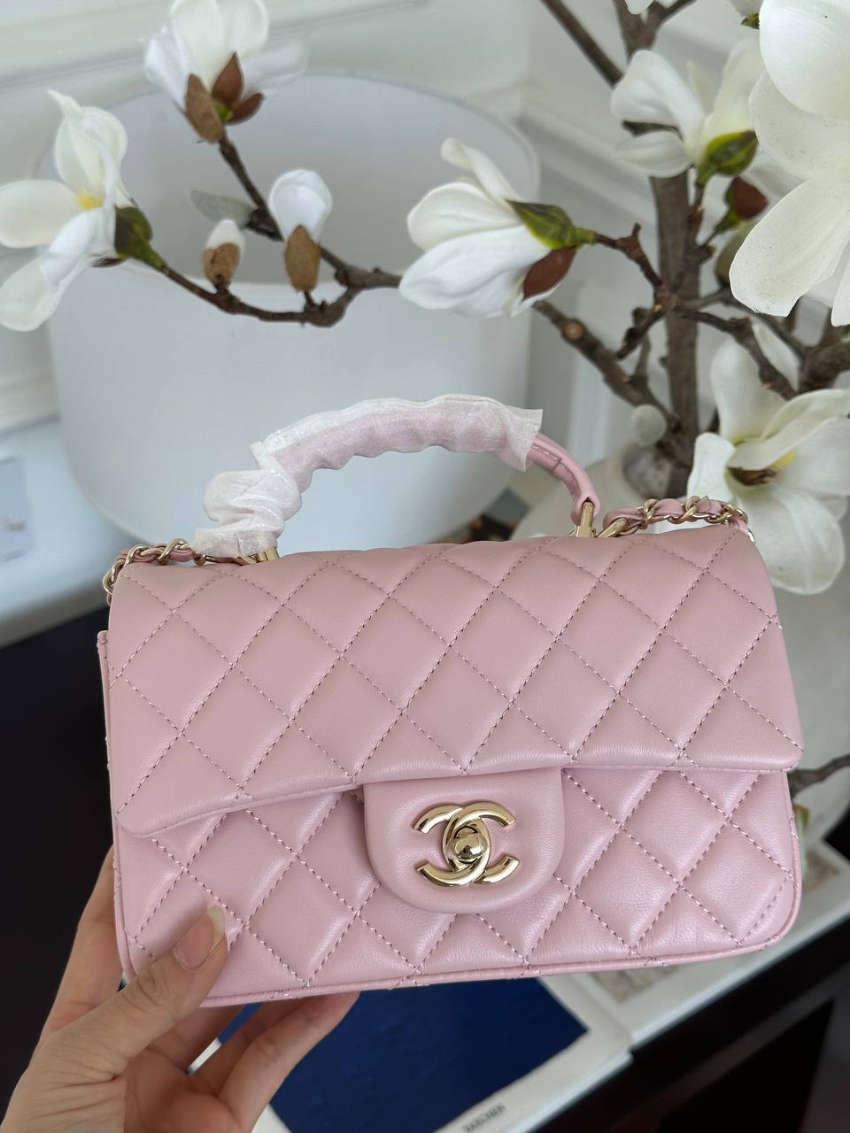 Chanel Sakura Pink Lambskin Quilted Top Handle Mini Classic Flap Bag