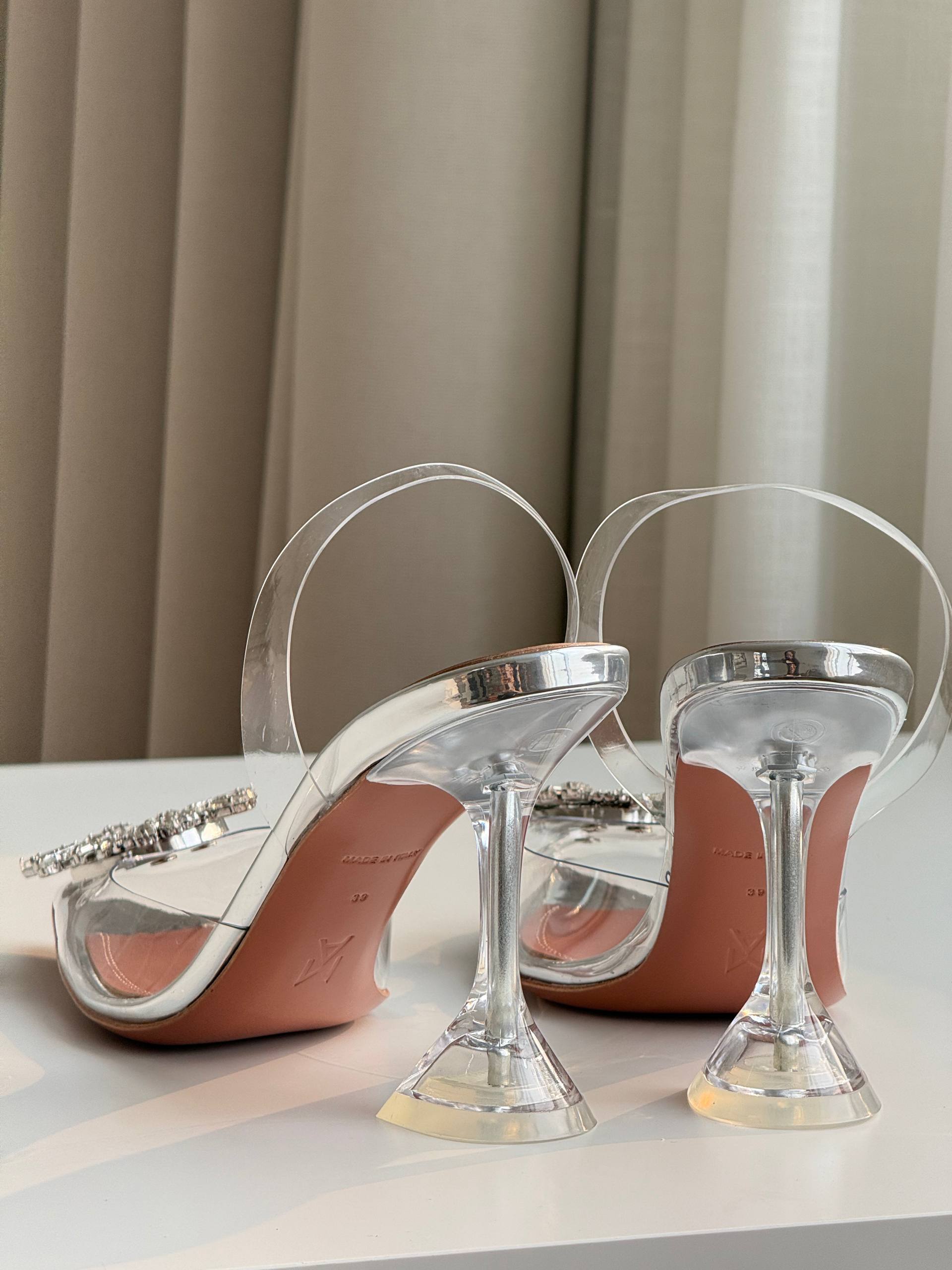 Anna Muaddi Crystal Sun Embellished Clear PVC Pointed Toe Transparent Heel Slingback Sandals