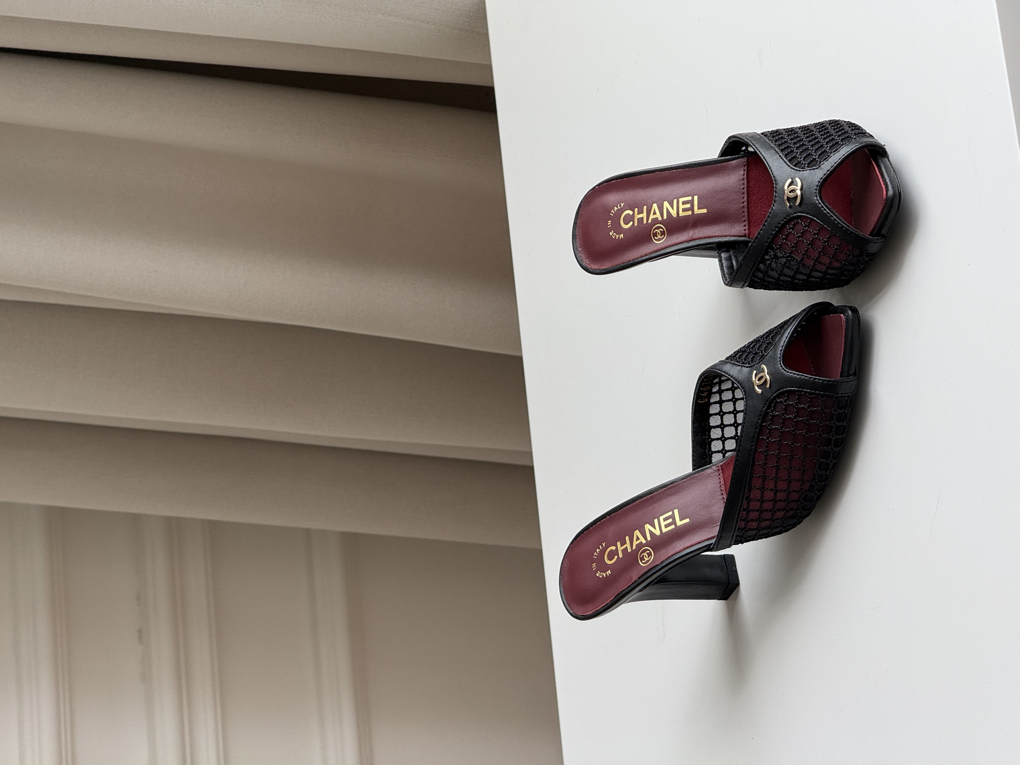 CHANEL Mesh Peep-Toe Block-Heel Mules