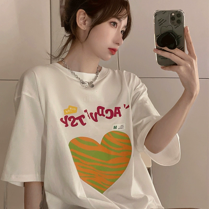 Loose cartoon heart-shaped printed round-neck short-sleeved T-shirt