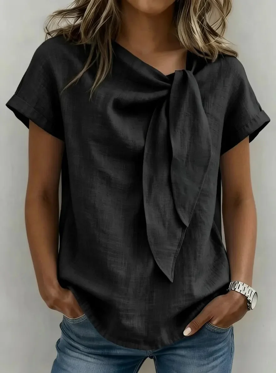 Chemisier Décontracté à Col Noué – T-shirt Élégant Manches Courtes
