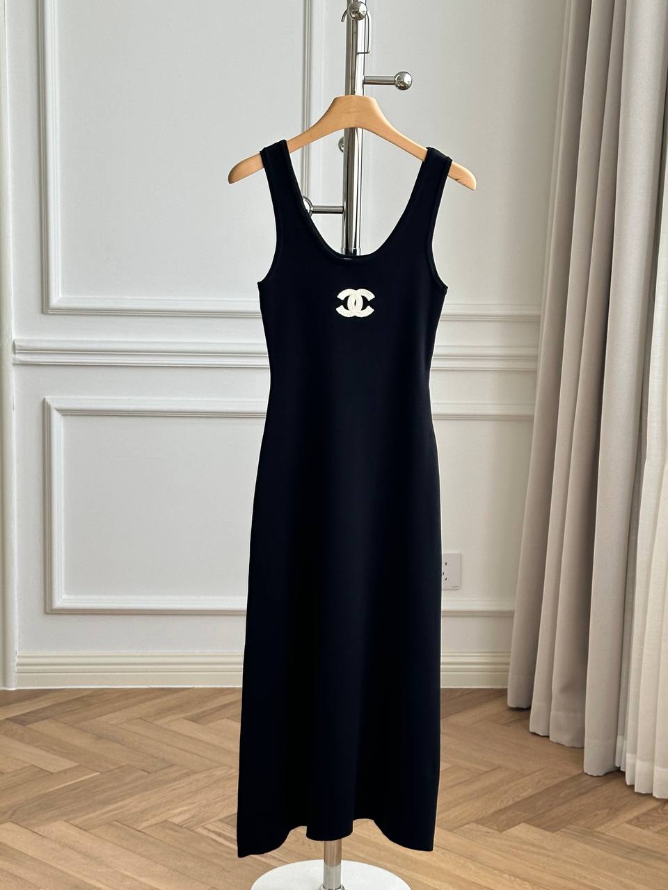 Chanel Black Stretch Knit U-Neck Wide Strap Midi Dress With White Interlocking CC Embroidery Logo