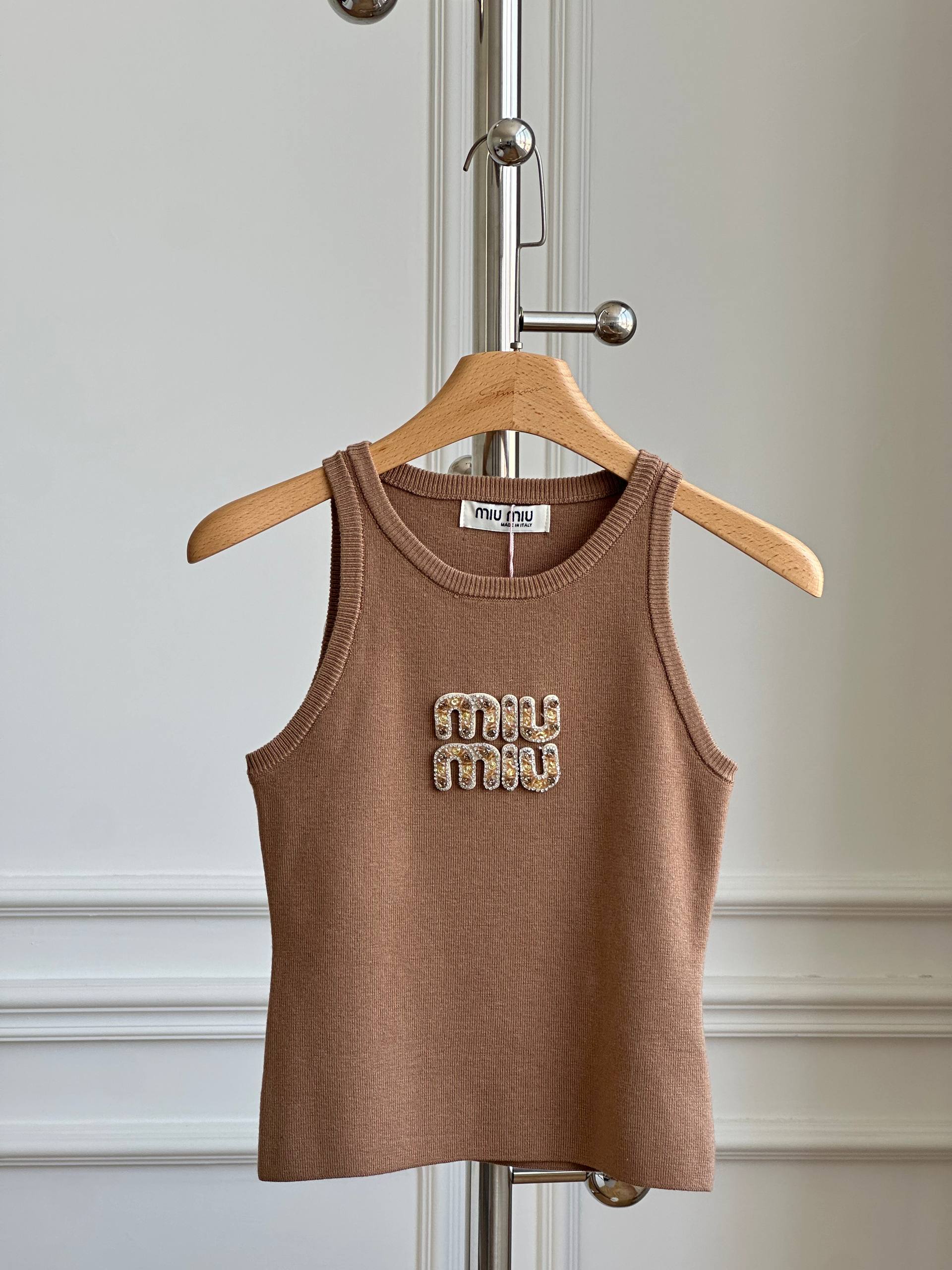 Miu Miu Camel Knit Vest with Crystals