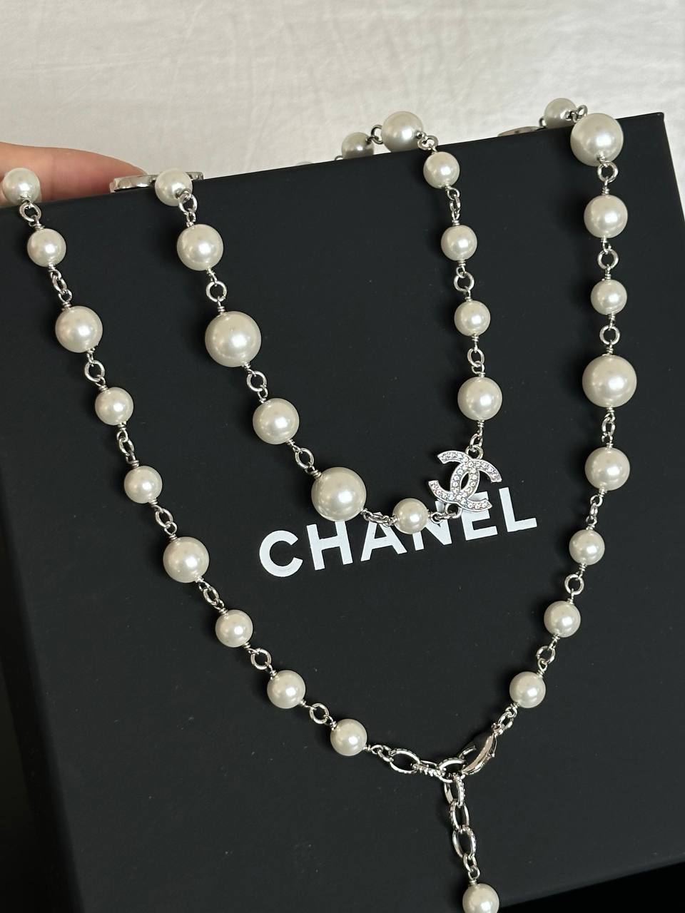 Chanel Gradient Size Pearl Crystal Interlocking CC Double Layer Long Necklace