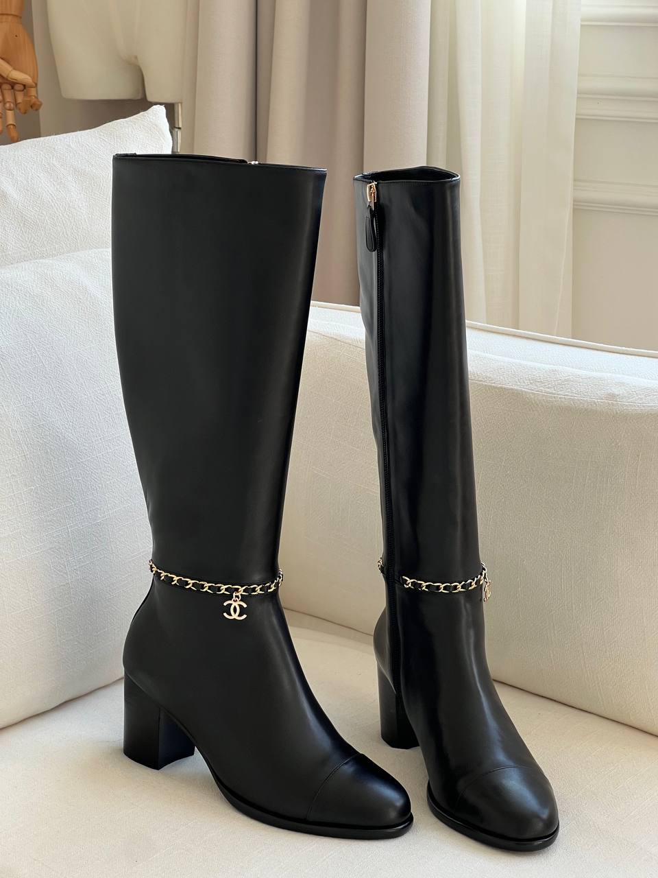 CHANEL Black Smooth Leather Chain CC Logo Block Heel Knee-High Boots