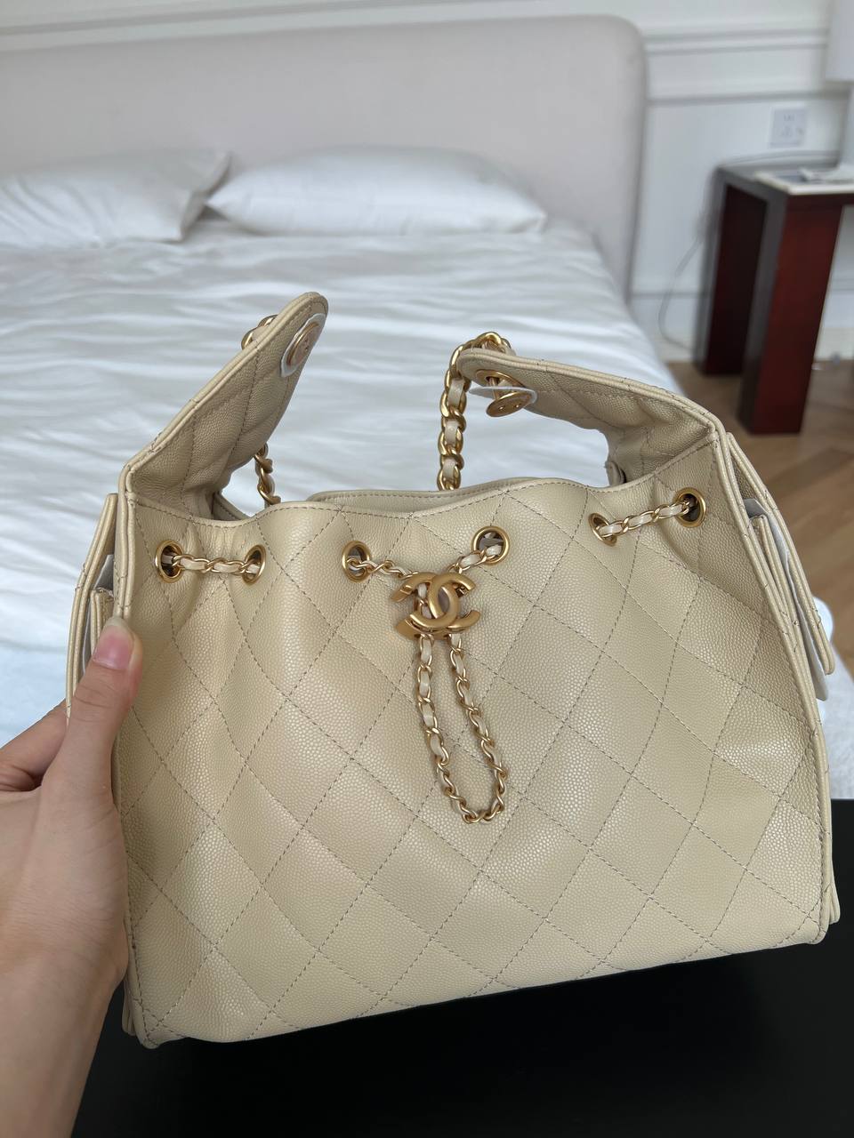 Chanel Beige Caviar Leather Drawstring Bucket Bag