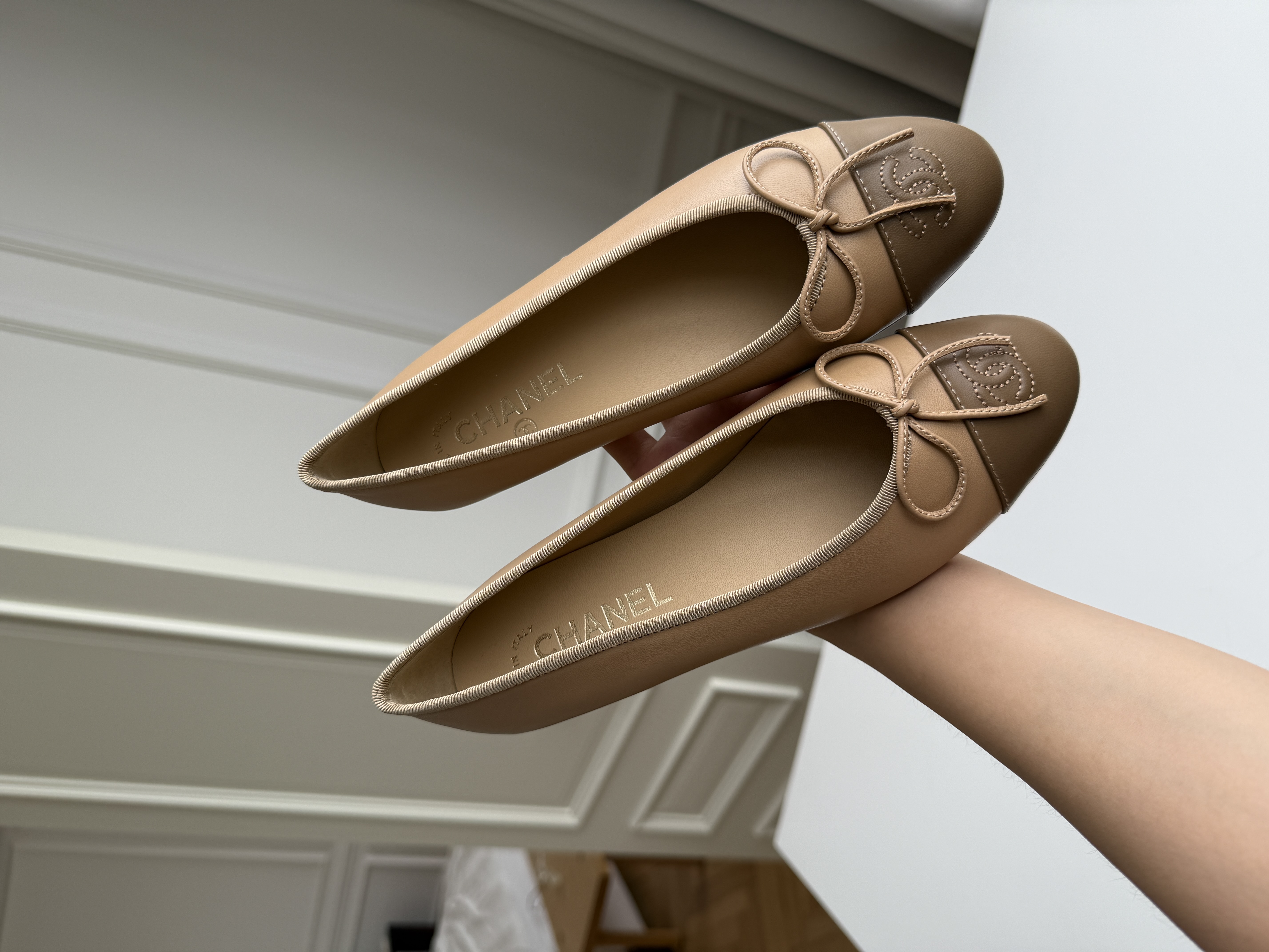 Chanel Two-Tone Bow CC Logo Ballet Flat Shoes