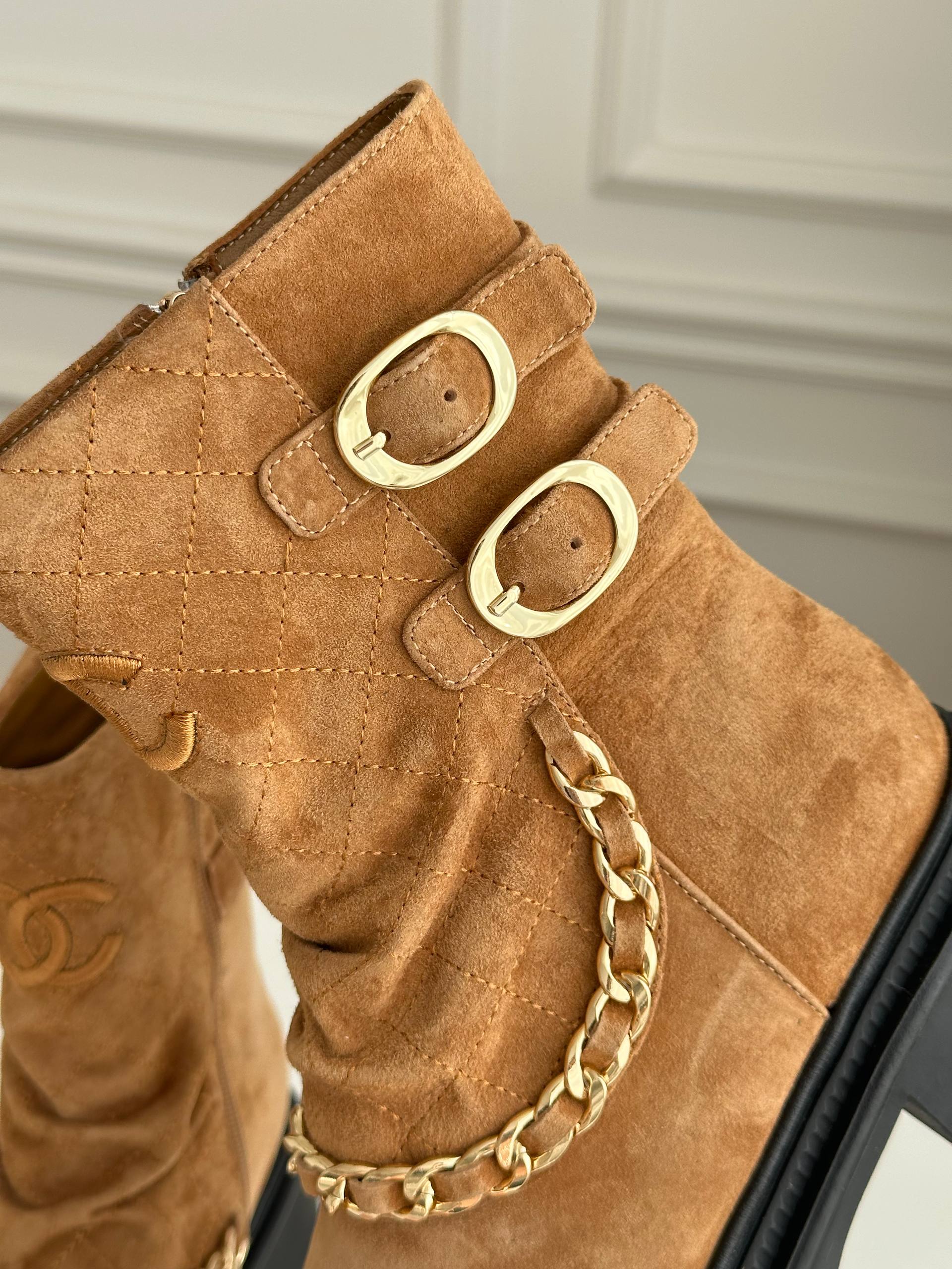 Chanel Quilted Suede & Patent Calfskin Cap-Toe Ankle Boots with Chain Detail