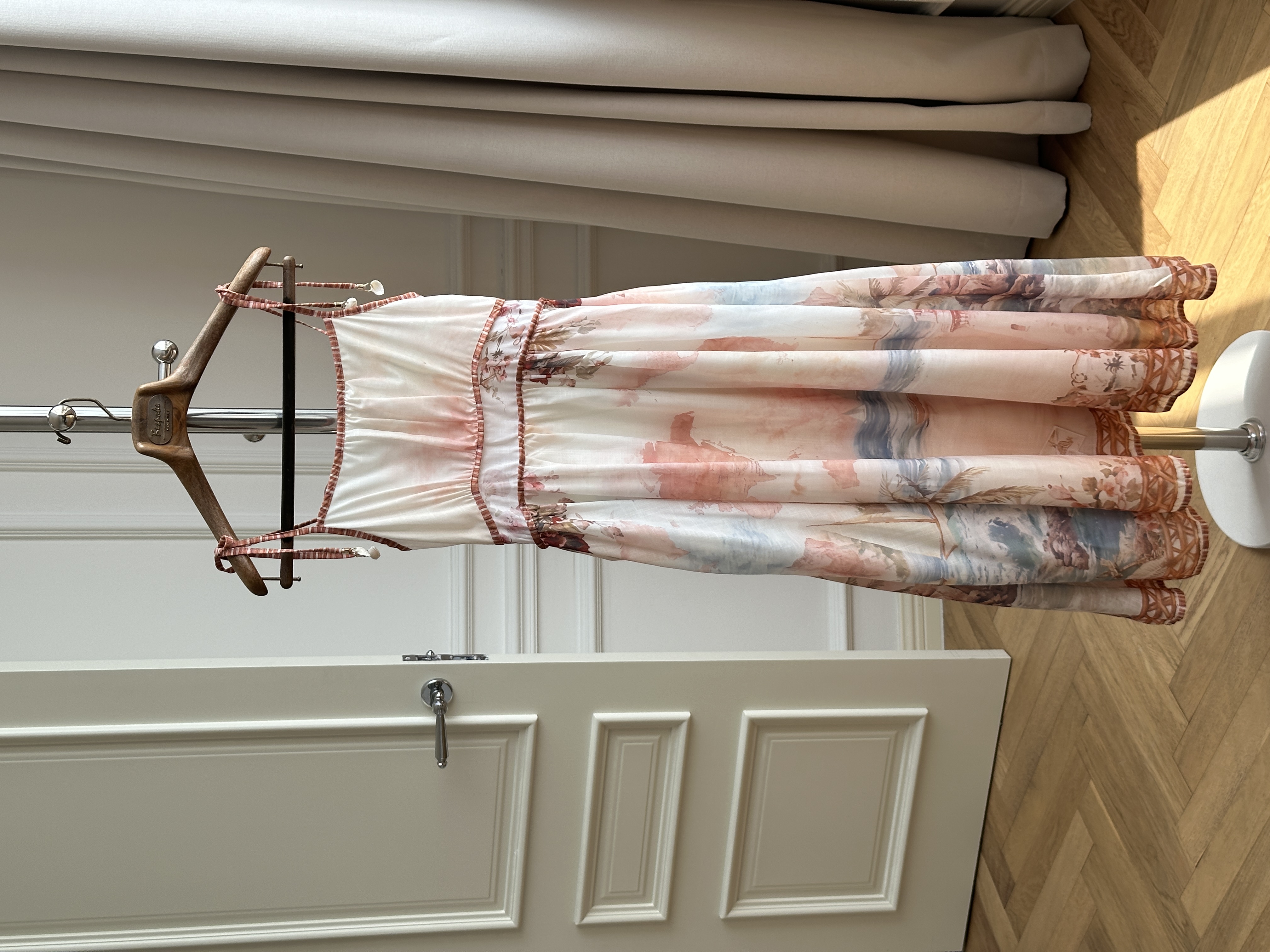 Pink Watercolor Seaside Landscape Print Tie Strap Waisted Flowy Maxi Dress