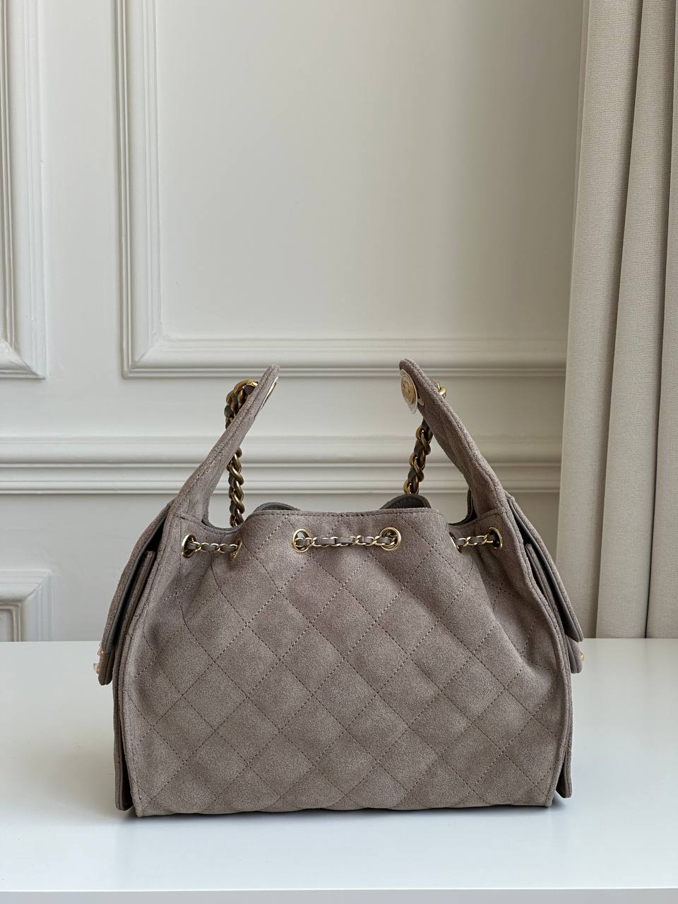 Chanel Taupe Suede Quilted Drawstring Chain Handle Tote Bag